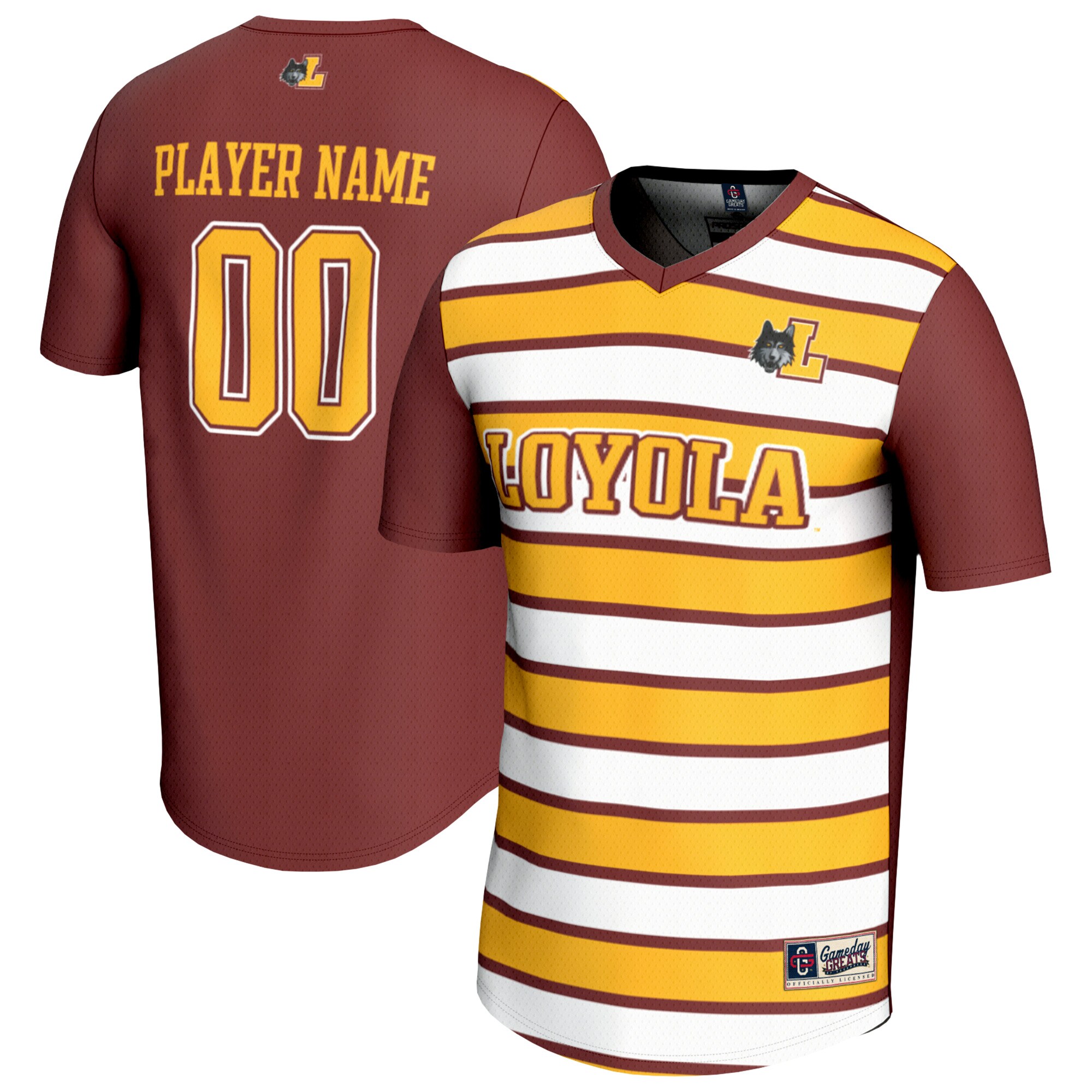  Loyola Chicago Ramblers GameDay Greats Unisex NIL Pick-A-Player Collegiate Women's Soccer Lightweight Fashion Jersey - Maroon/Gold