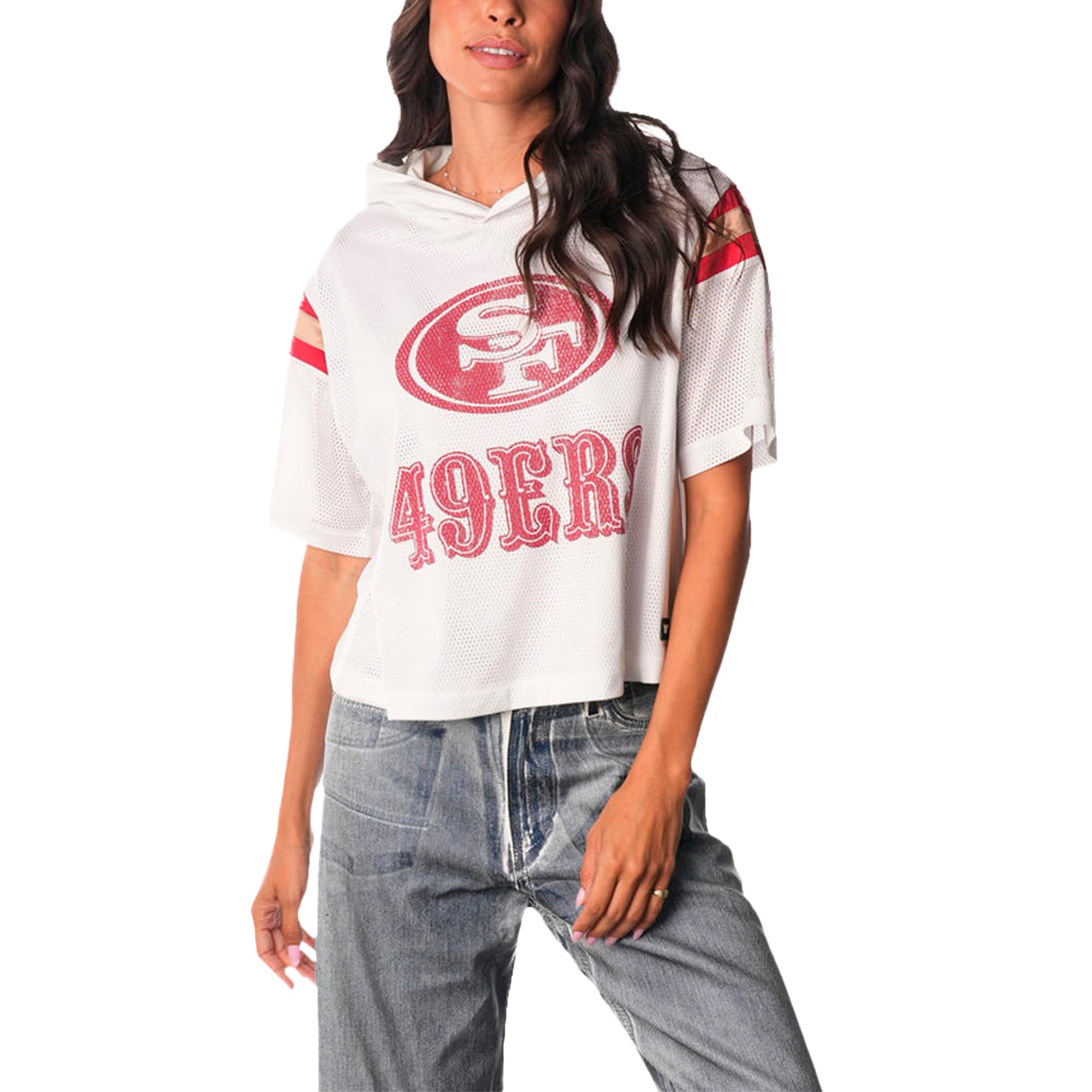  San Francisco 49ers The Wild Collective Women's Mesh Short Sleeve Hoodie T-Shirt - White