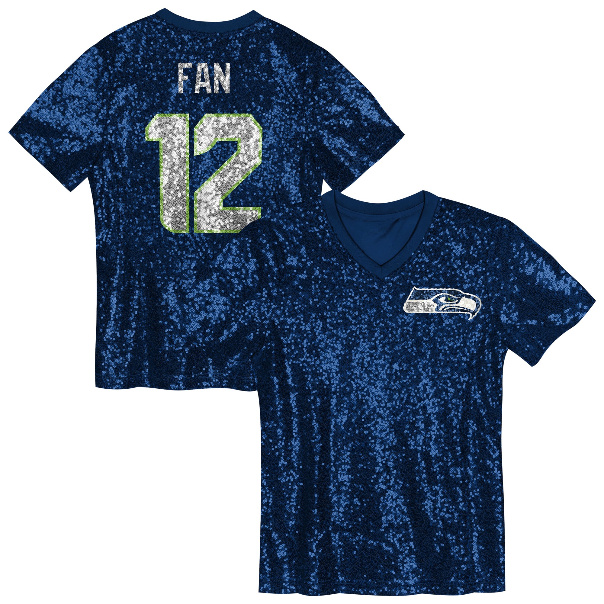 12 Fan Seattle Seahawks Girls Youth Sequin V-Neck Fashion Jersey - College Navy