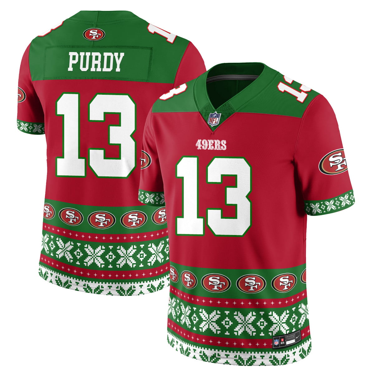 49ers Holiday Jersey - 49ers Purdy #13 Holiday Jersey - Red/Green NFL