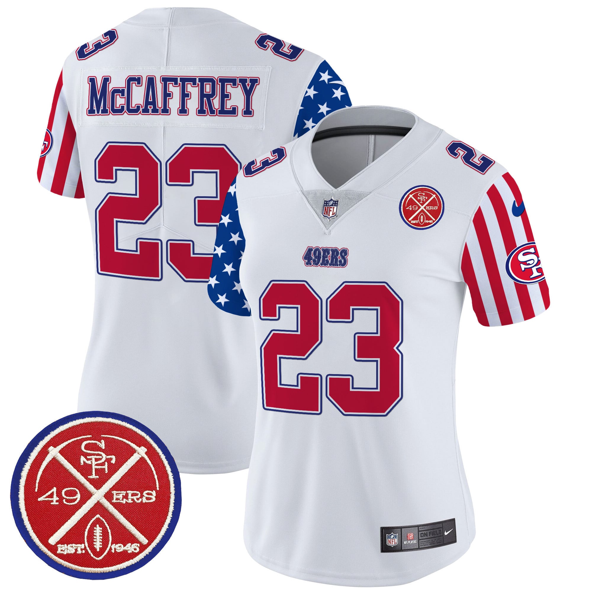 49ers McCaffrey Liberty Jersey - Nike 49ers McCaffrey #23 White