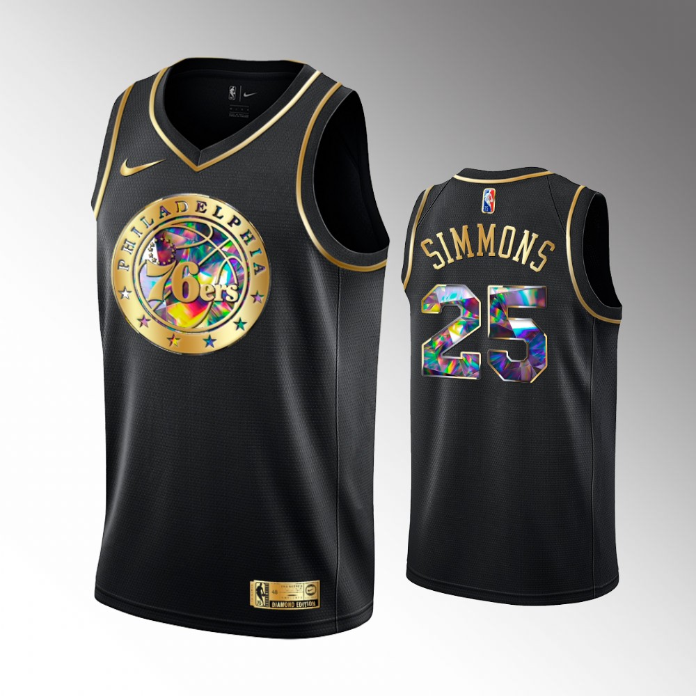 76ers #25 Ben Simmons Black 2021-22 Golden Edition Diamond Logo Jersey