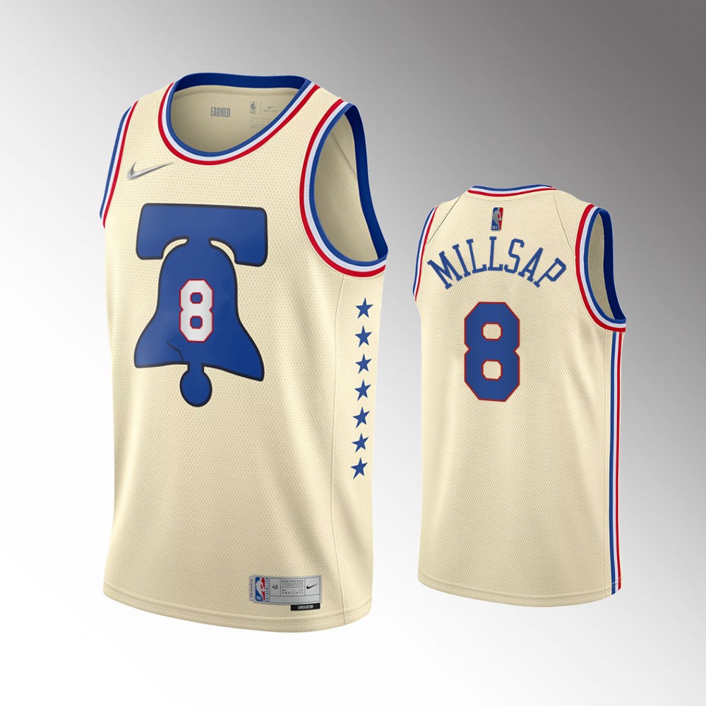 76ers #8 Paul Millsap Diamond Badge Earned Edition Cream Jersey