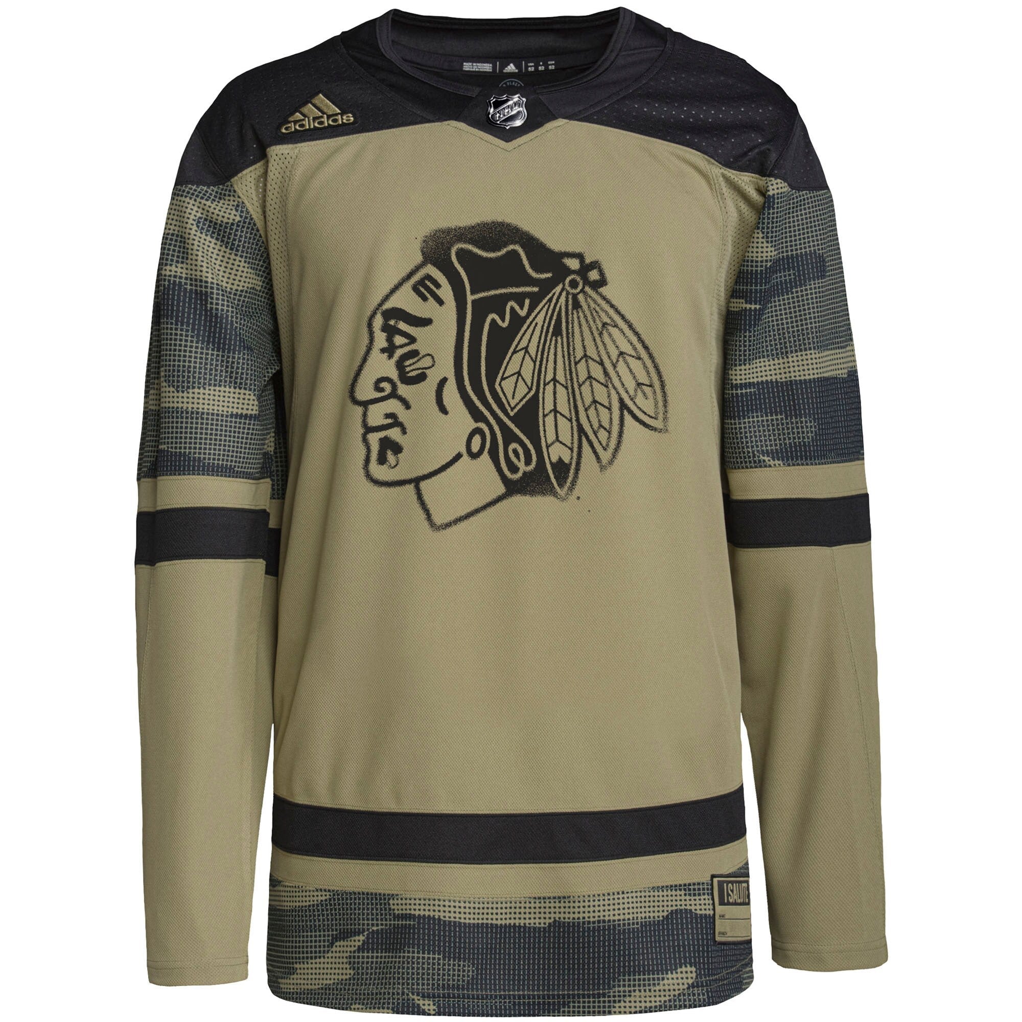 Alternative view of Adidas Blackhawks Salute Jersey - Olive Green Camo NHL