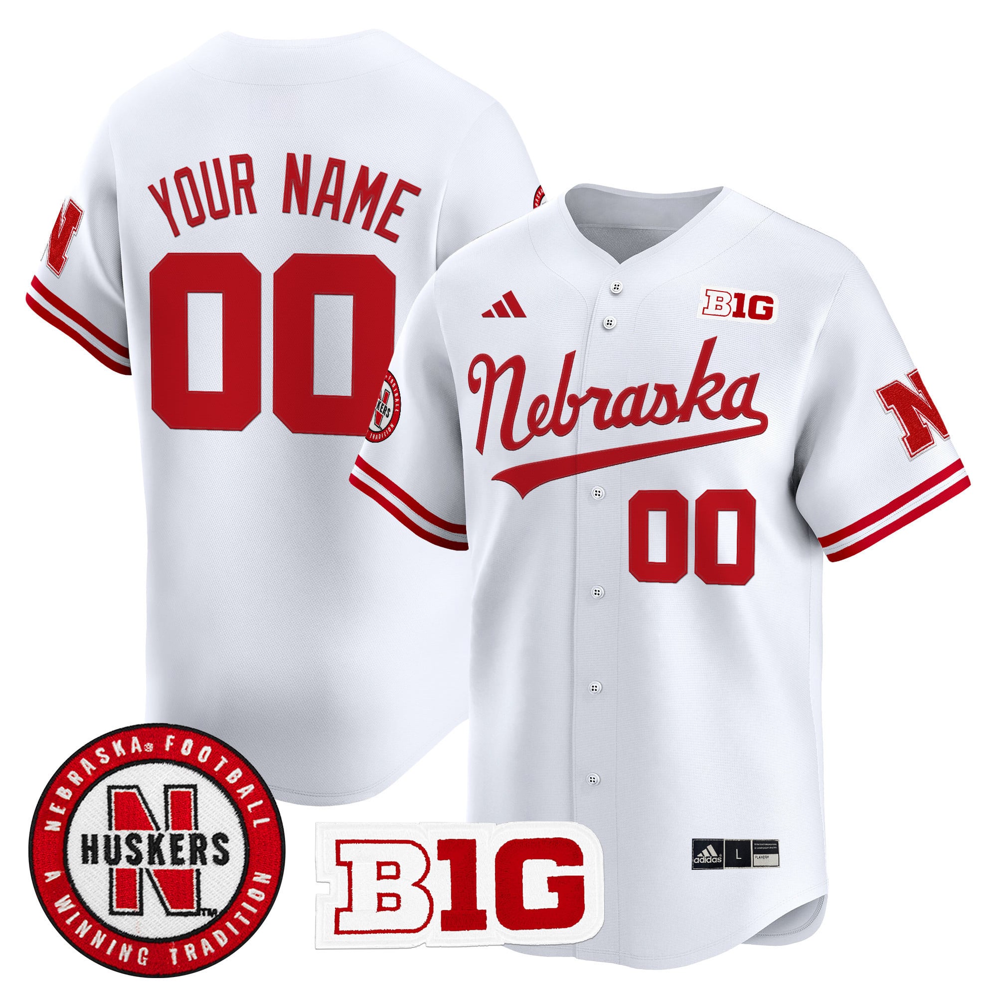 Alternative view of Adidas Nebraska Huskers Jersey - Red Custom Baseball Style
