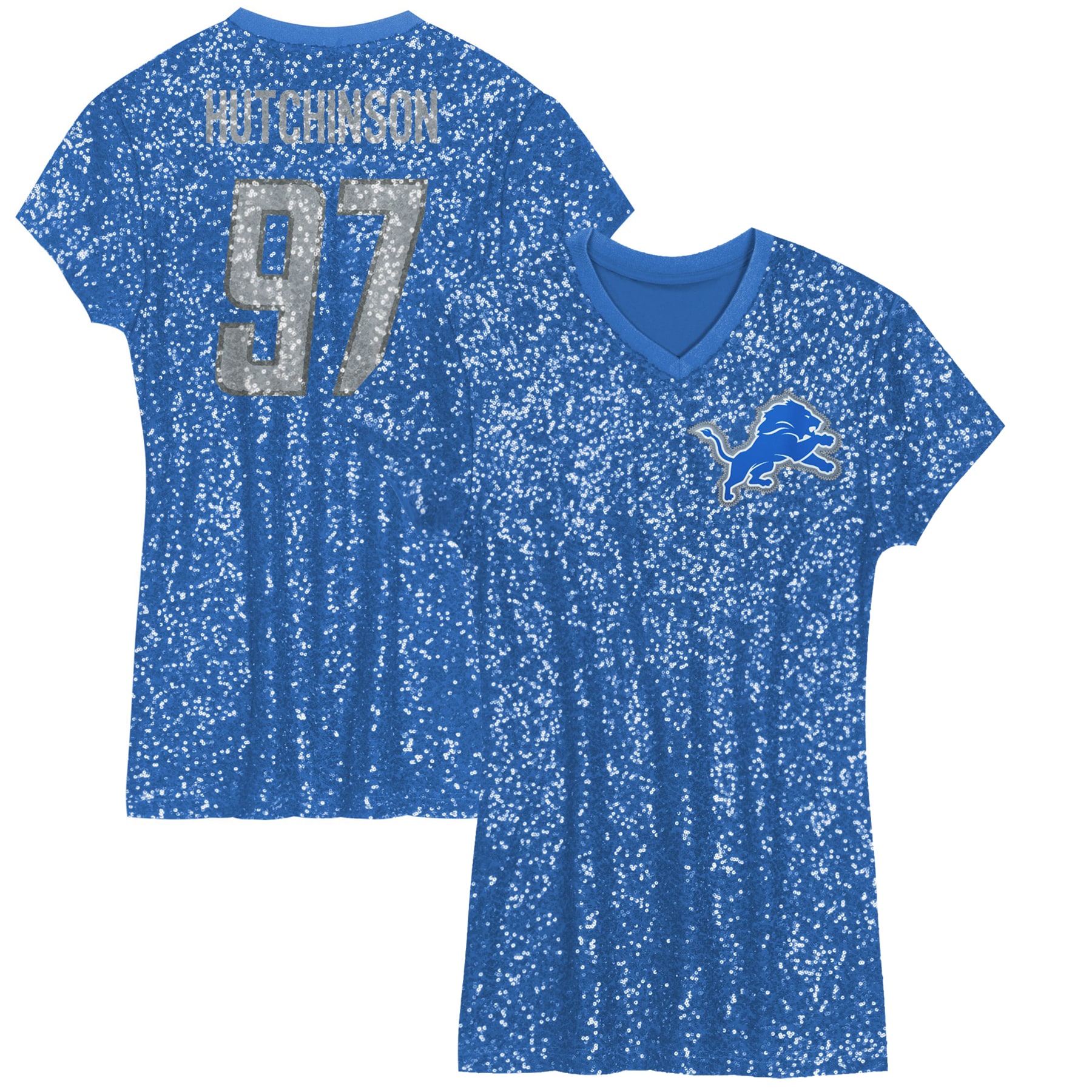 Aidan Hutchinson Detroit Lions Girls Youth Sequin Player Name & Number V-Neck Dress - Blue