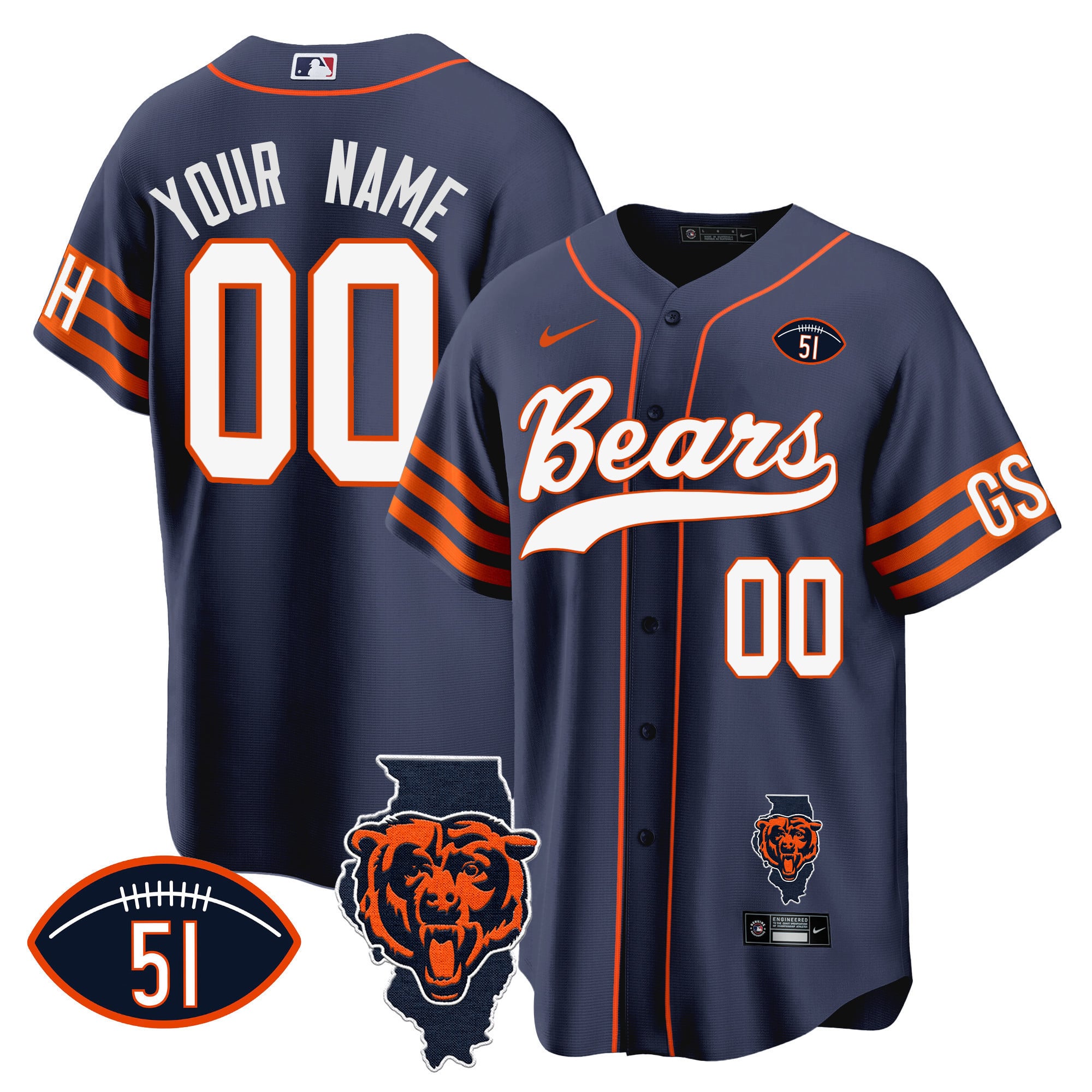 Alternative view of Bears Custom Navy Jersey - Nike Bears Custom Navy Baseball Jersey