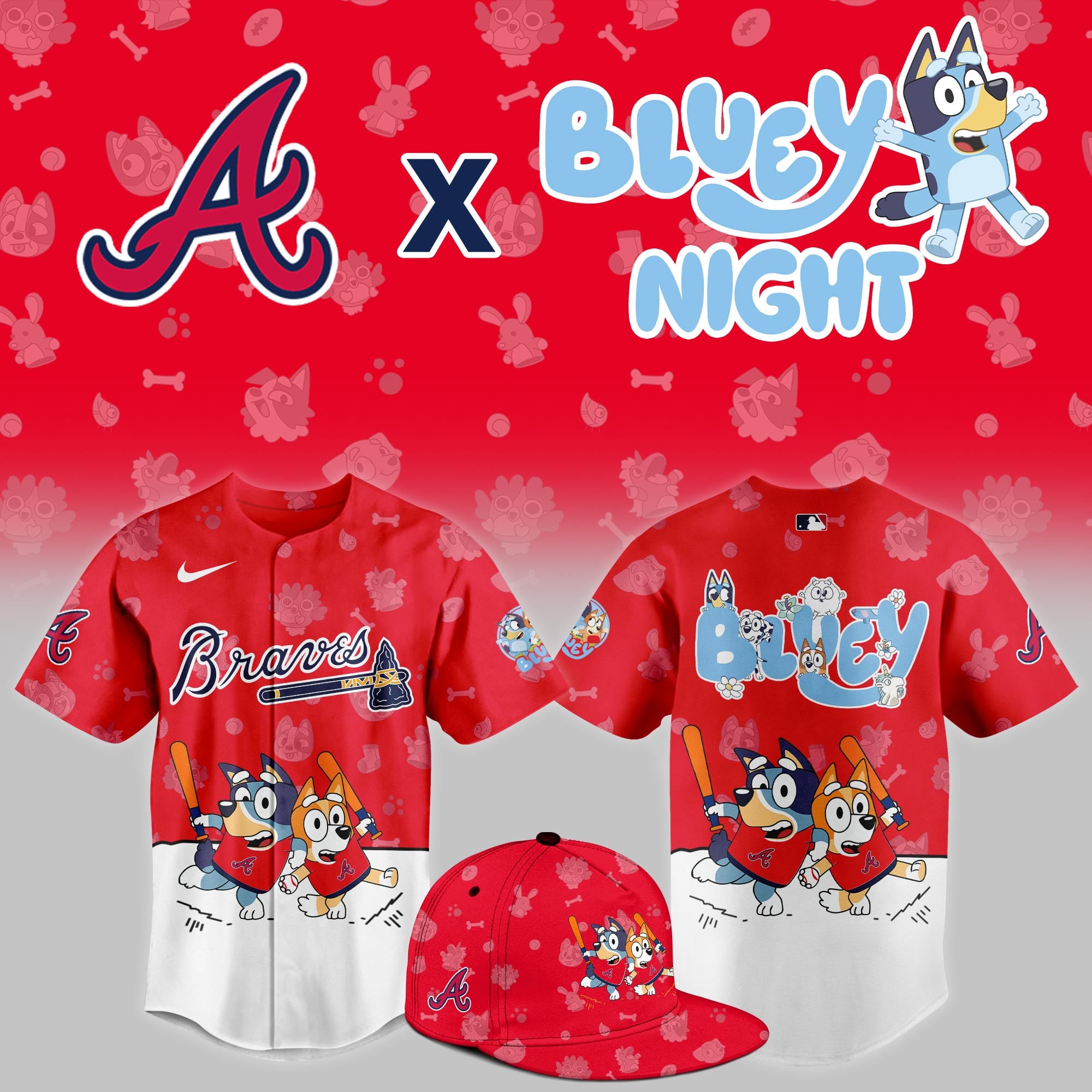 Braves Bluey Night Jersey - Nike Red & White Baseball