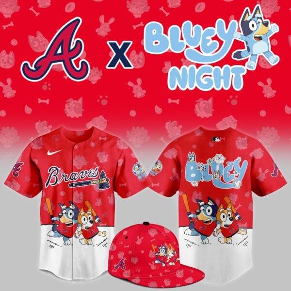 Alternative view of Braves Bluey Night Jersey - Nike Red & White Baseball