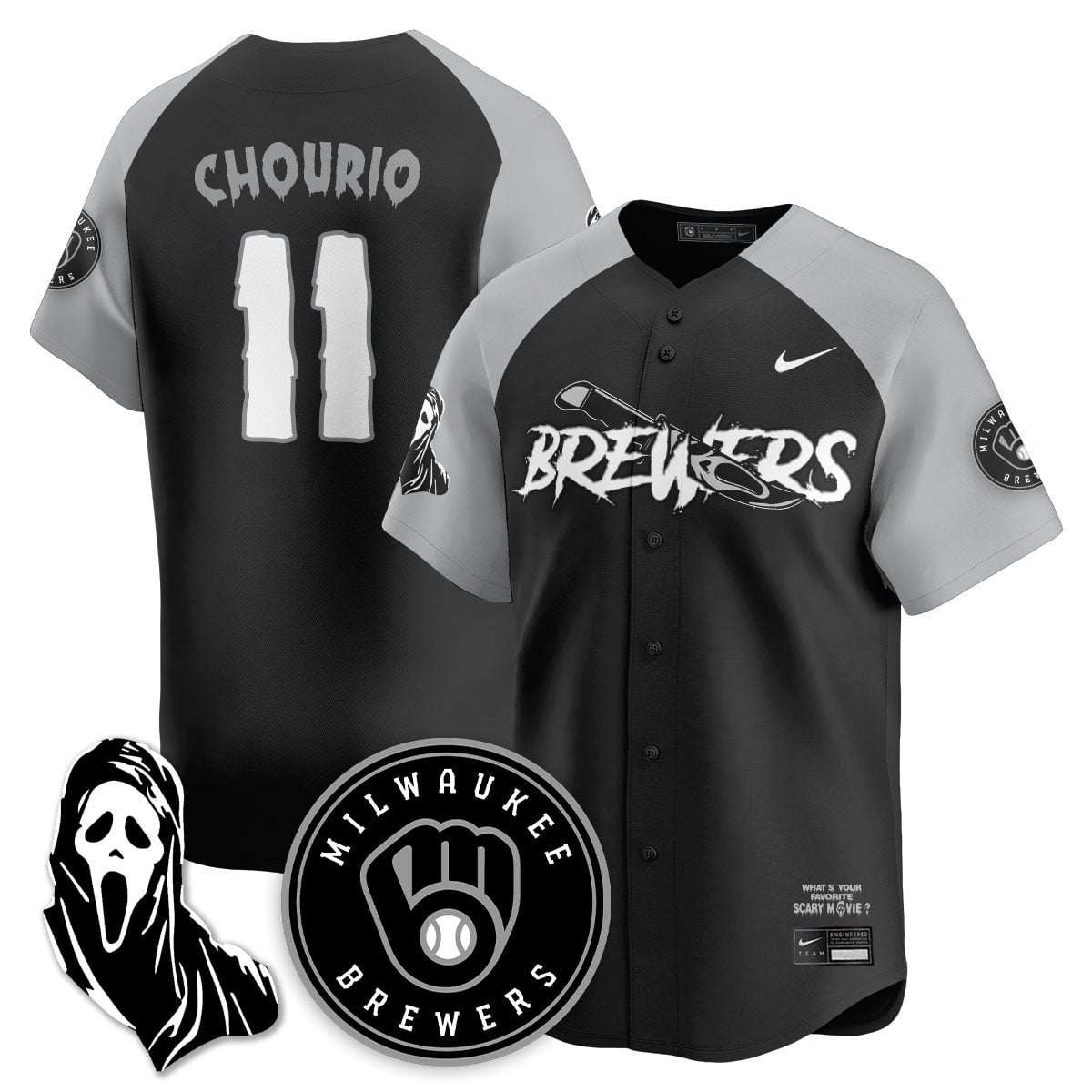 Brewers Scary Movie Jersey - Nike Brewers Chourio #11 Black Scary