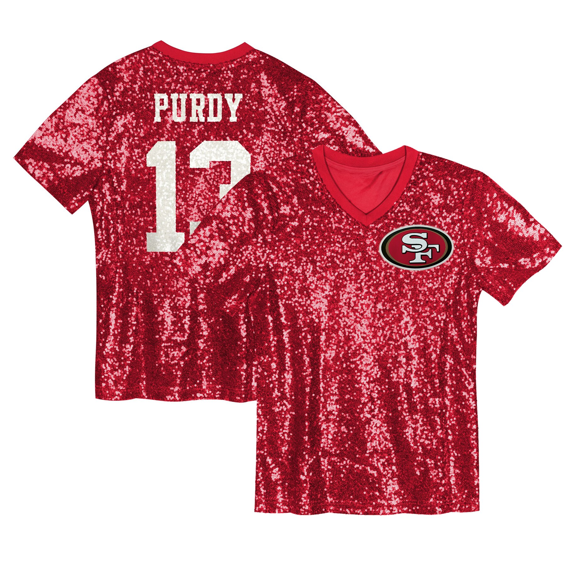 Brock Purdy San Francisco 49ers Girls Youth Sequin V-Neck Fashion Jersey - Scarlet