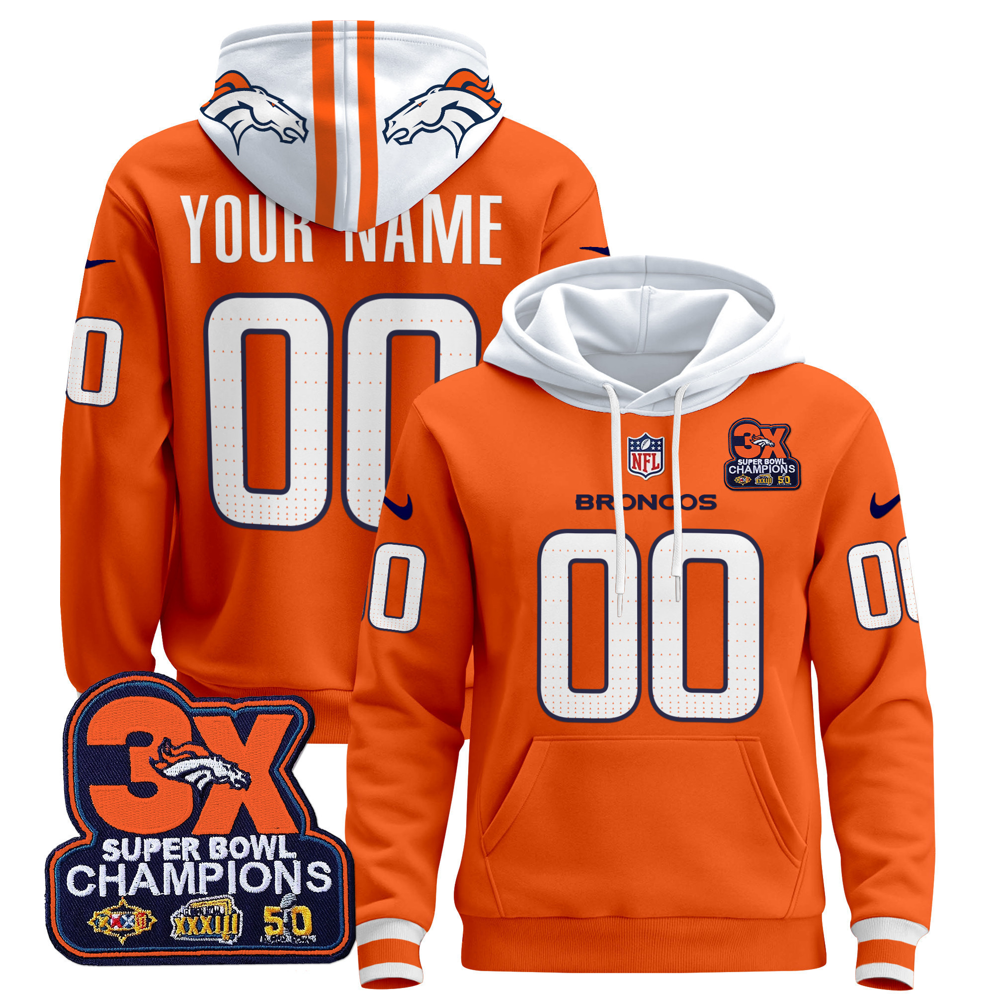 Broncos Orange Super Bowl Hoodie - Nike - Custom Name/Number