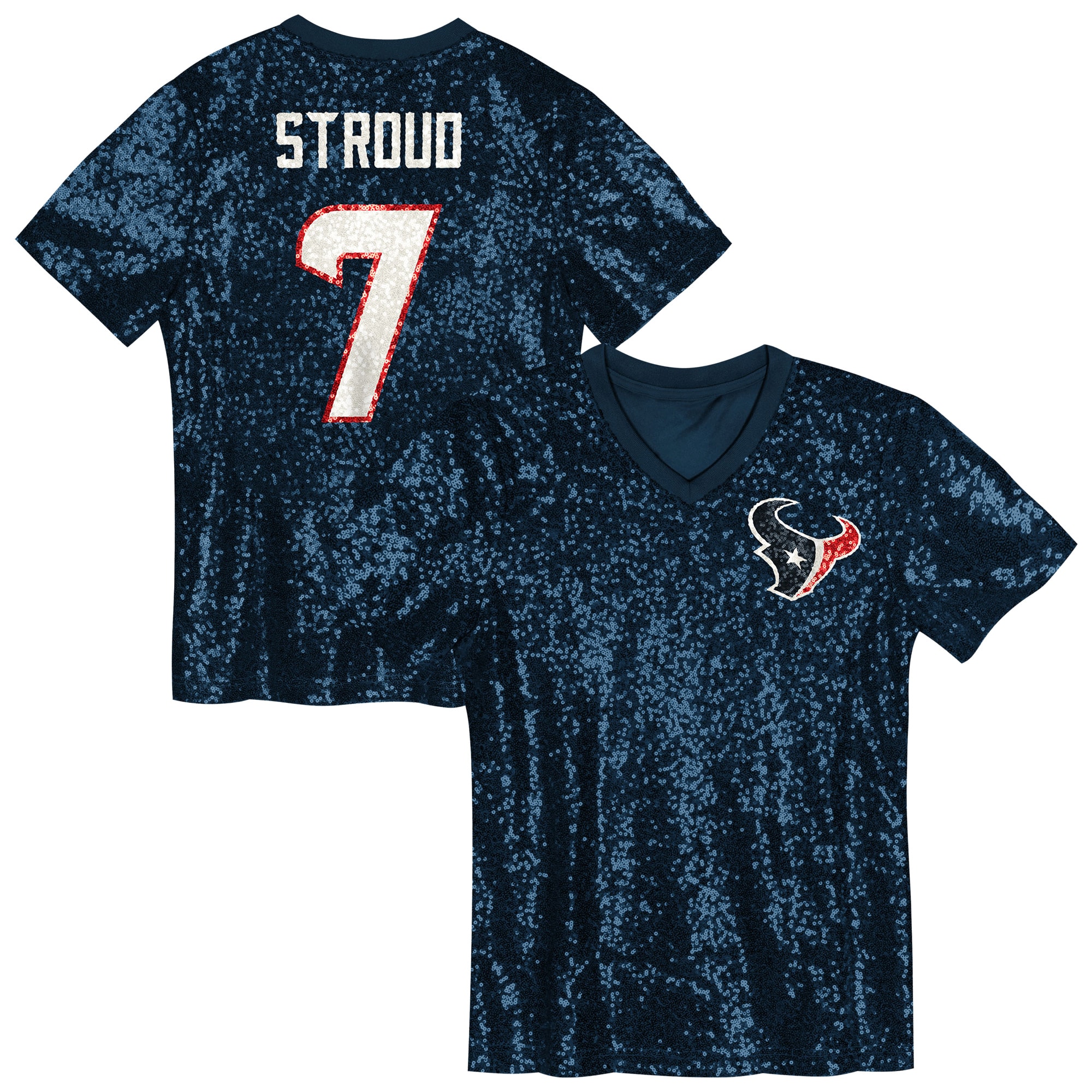 C.J. Stroud Houston Texans Girls Youth Sequin V-Neck Fashion Jersey - Navy