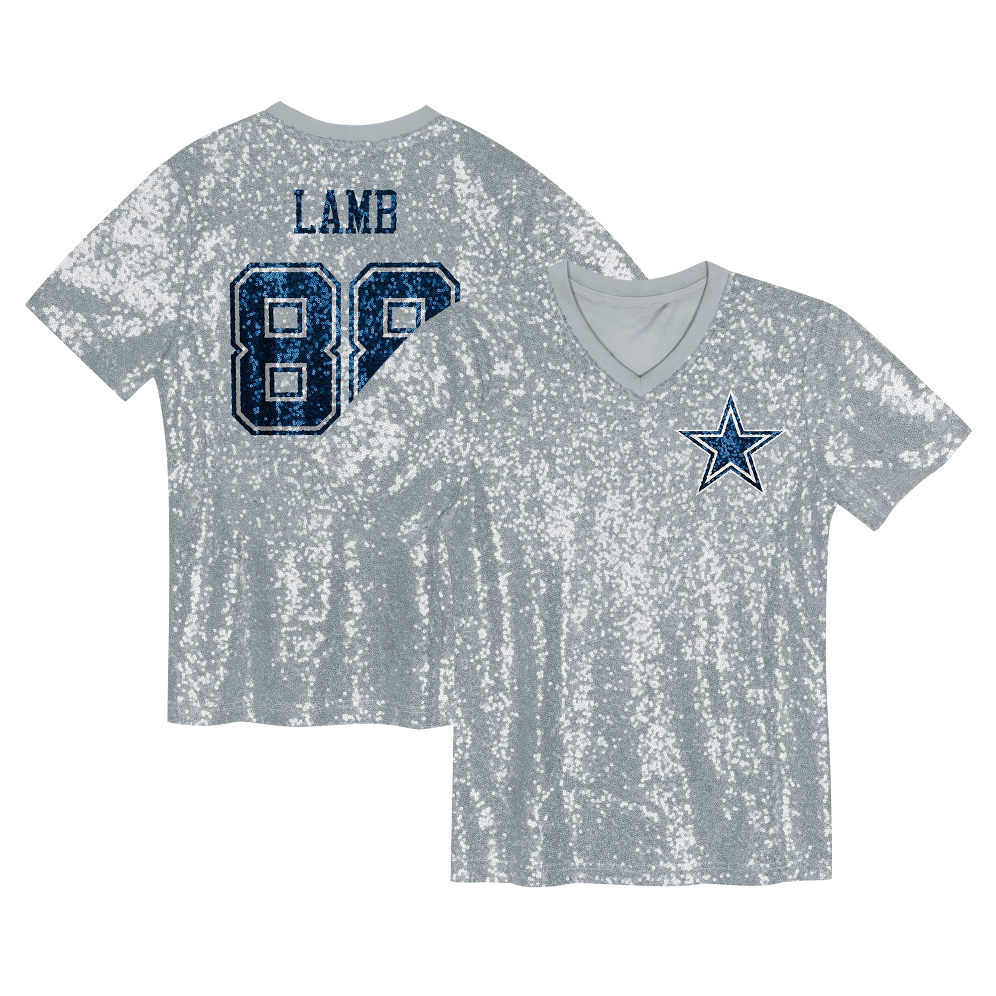 CeeDee Lamb Dallas Cowboys Girls Youth Sequin V-Neck Fashion Jersey - Silver