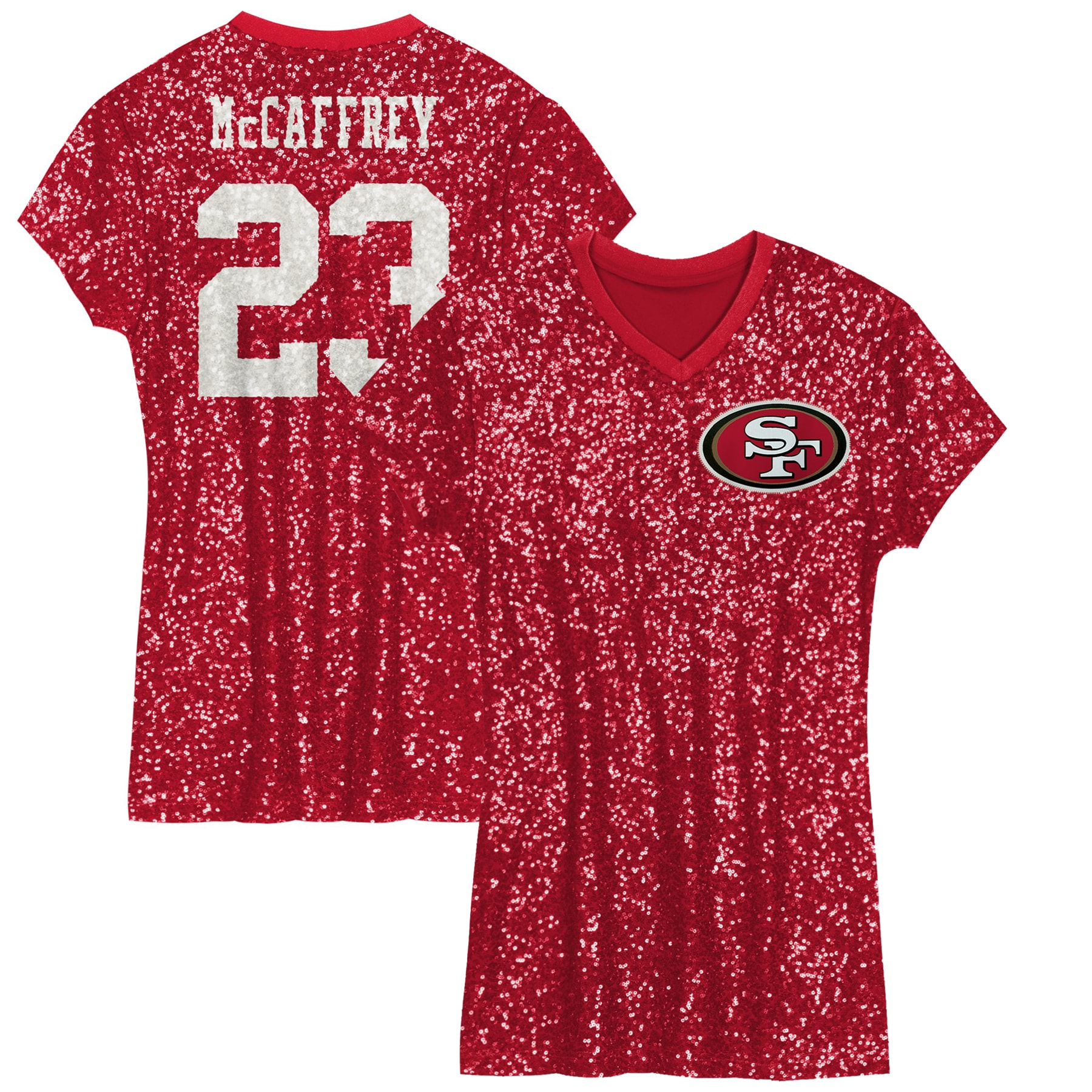 Christian McCaffrey San Francisco 49ers Girls Youth Sequin Player Name & Number V-Neck Dress - Scarlet