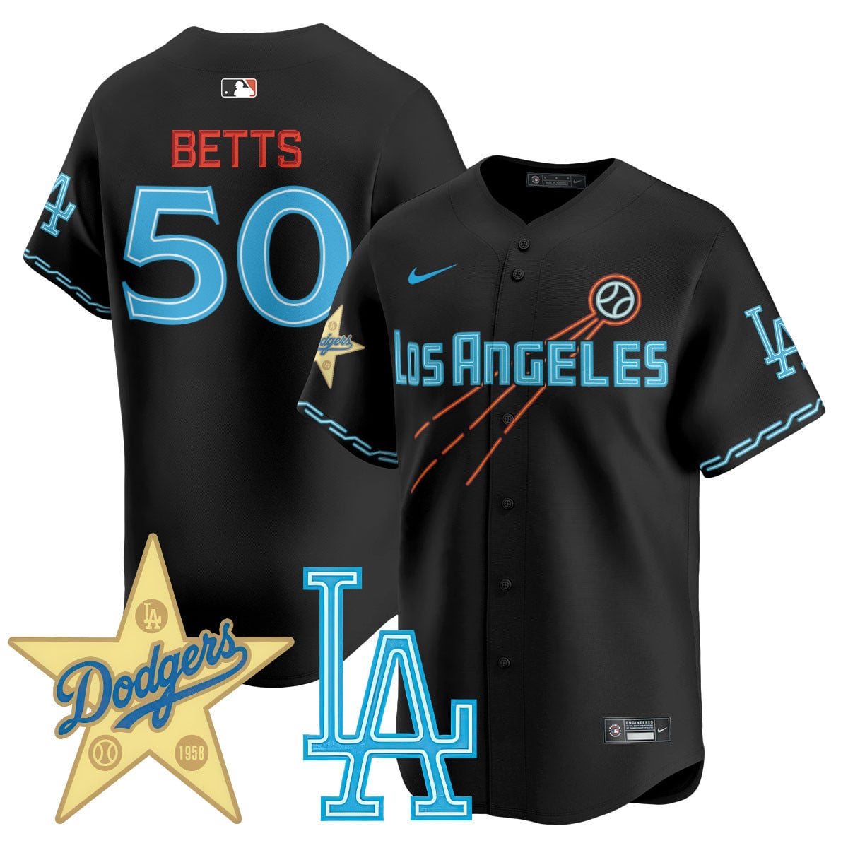 Dodgers Betts Black Neon Jersey - Nike Dodgers Betts Jersey - Black