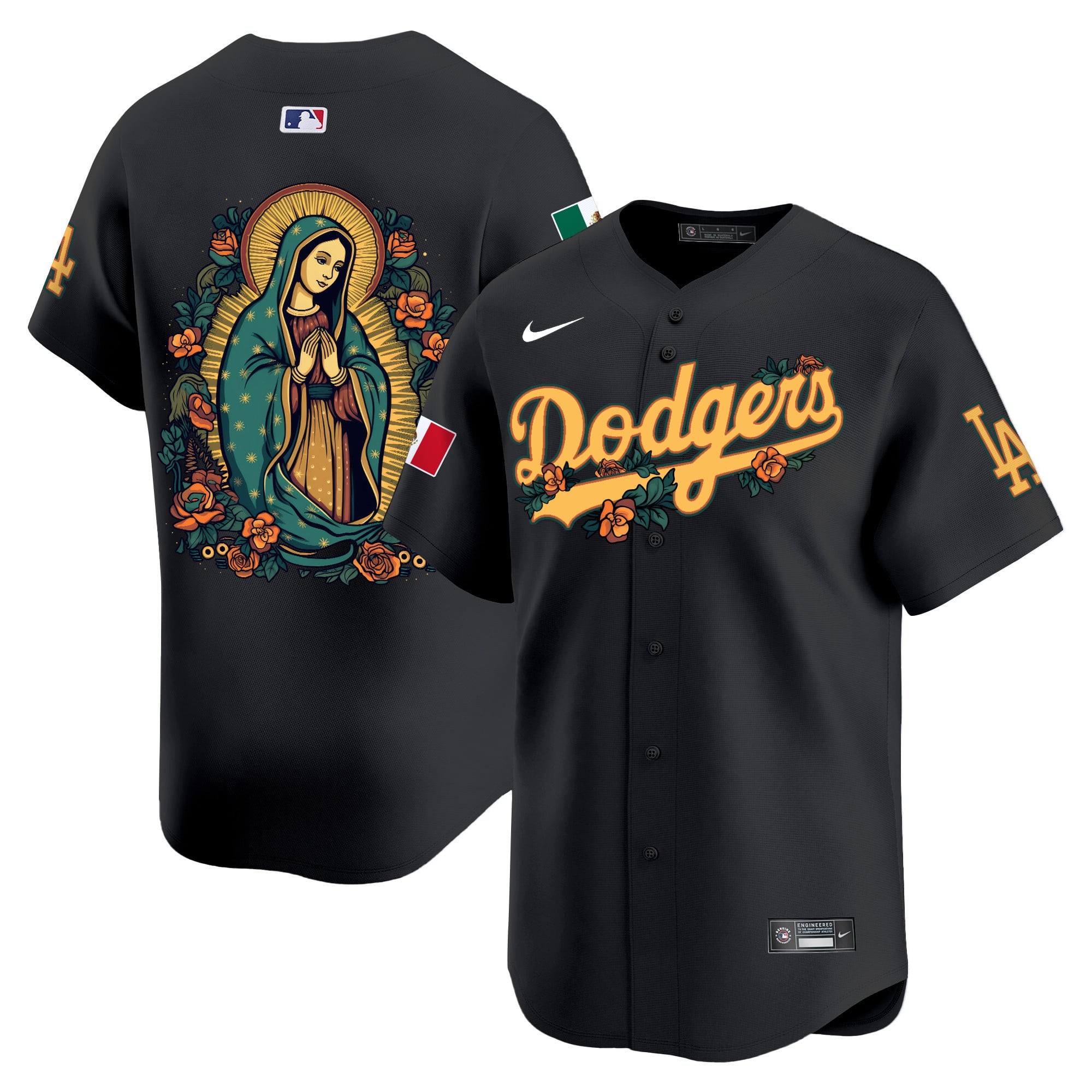 Dodgers Black La Virgen Jersey - Nike - Floral Edition