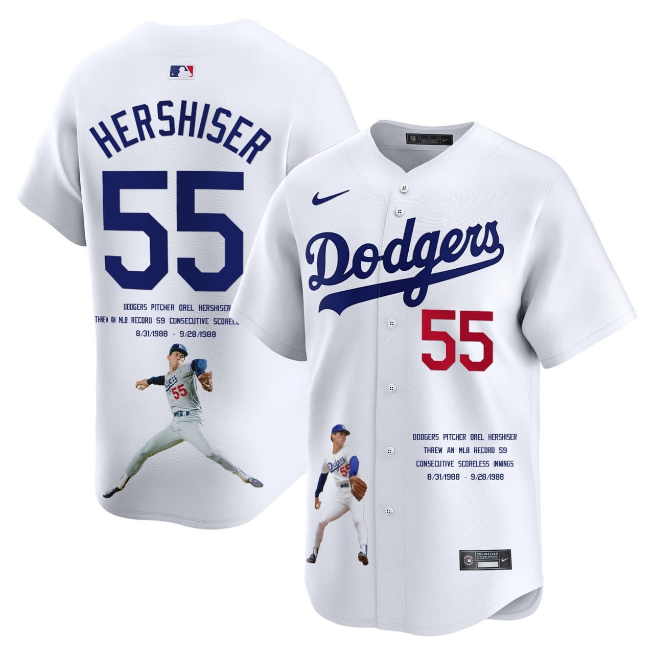 Dodgers Hershiser #55 Jersey - Nike - MLB Record 1988