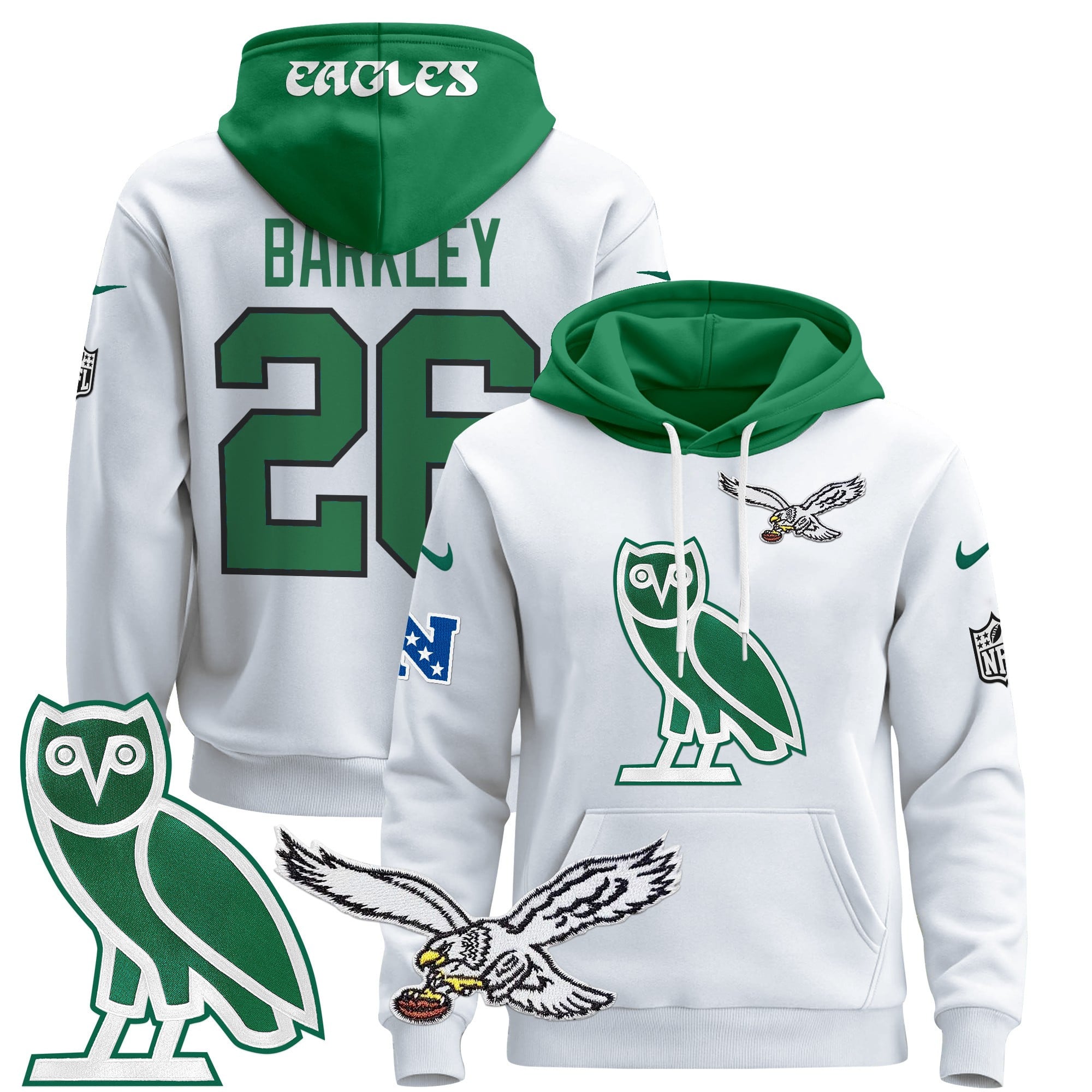 Eagles Barkley OVO Hoodie - Nike Eagles Barkley White & Green OVO