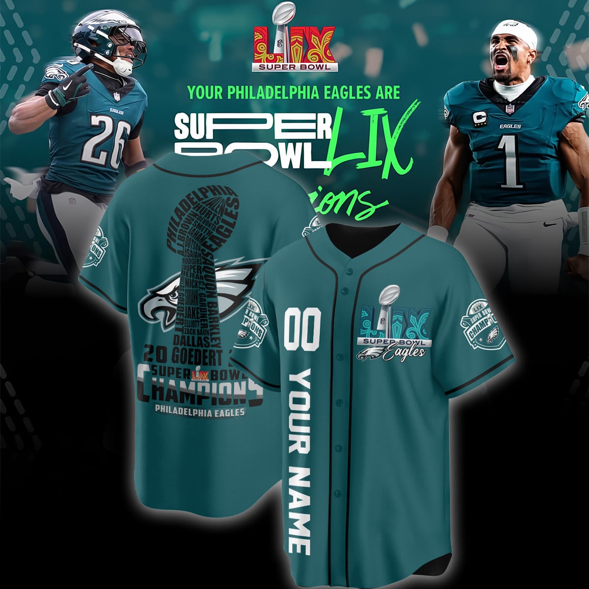 Eagles Champions Teal Jersey - Eagles Super Bowl LVII Champions Teal