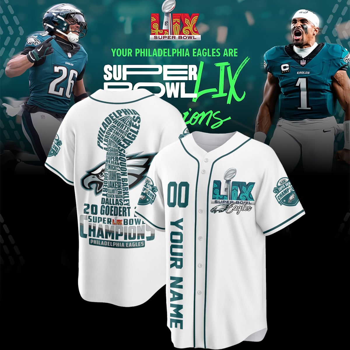Alternative view of Eagles Champions Teal Jersey - Eagles Super Bowl LVII Champions Teal