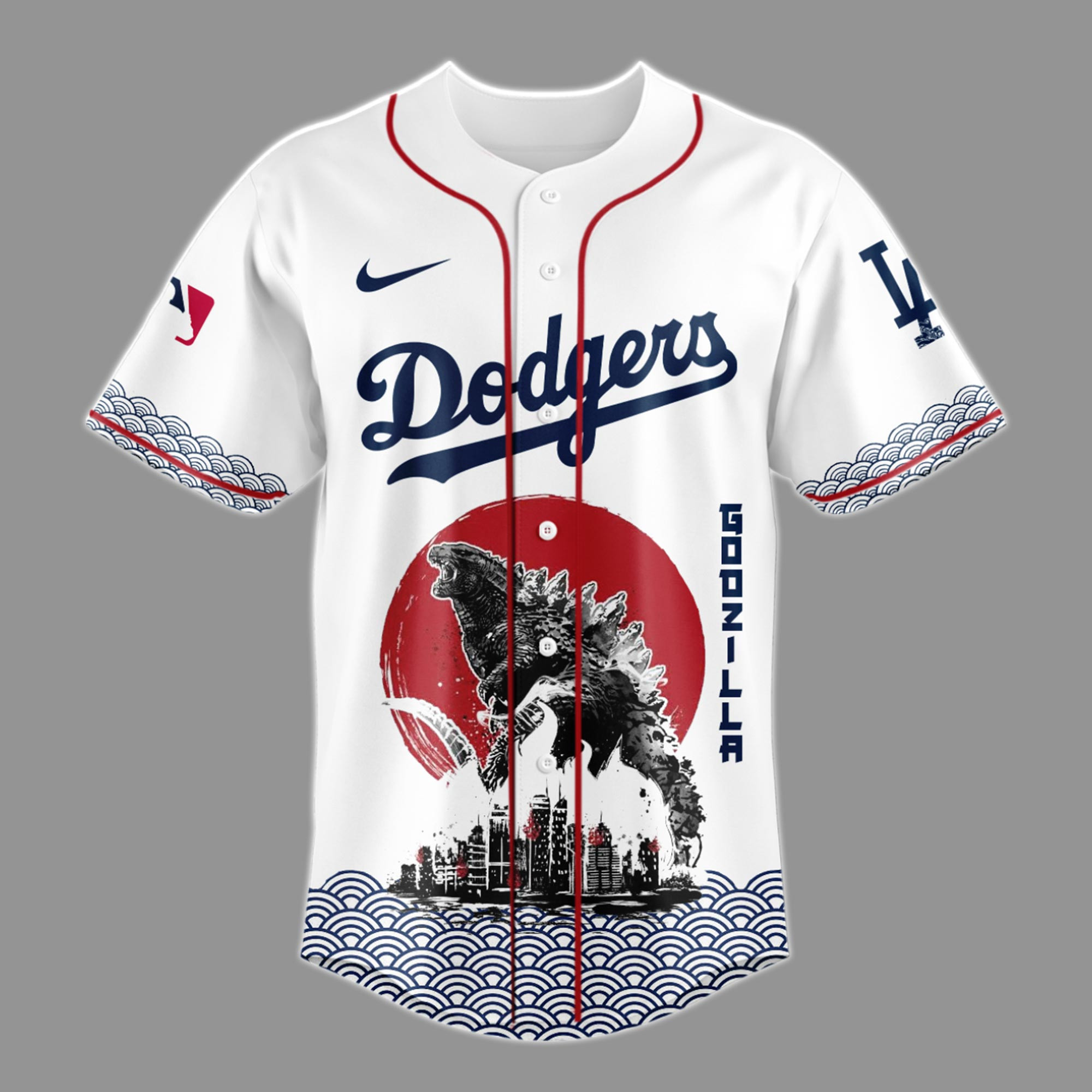 Alternative view of Godzilla Dodgers Nike Jersey - Godzilla x Dodgers White Nike Jersey