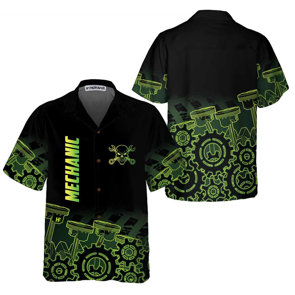 Green Steampunk Mechanic Hawaiian Shirt, Button Up Mechanic Shirt For Men, Cool Mechanic Gift