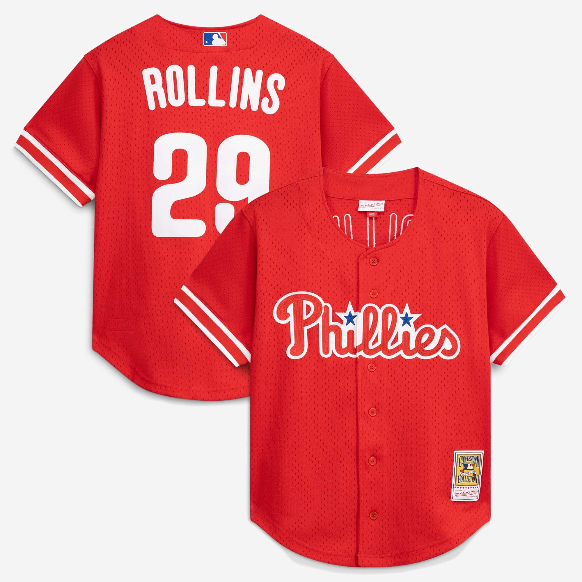 Jimmy Rollins Philadelphia Phillies Cooperstown Mesh Batting Practice Button-Up Jersey - Red