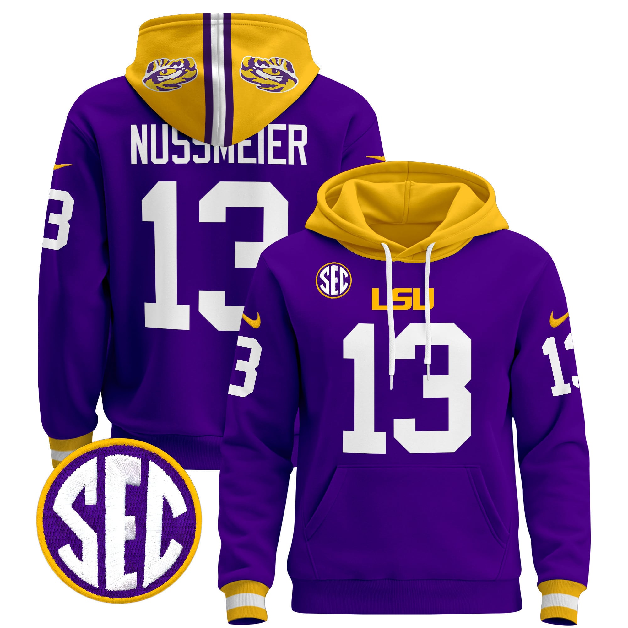LSU Nussmeier #13 Hoodie - Nike LSU Tigers Nussmeier #13 Purple