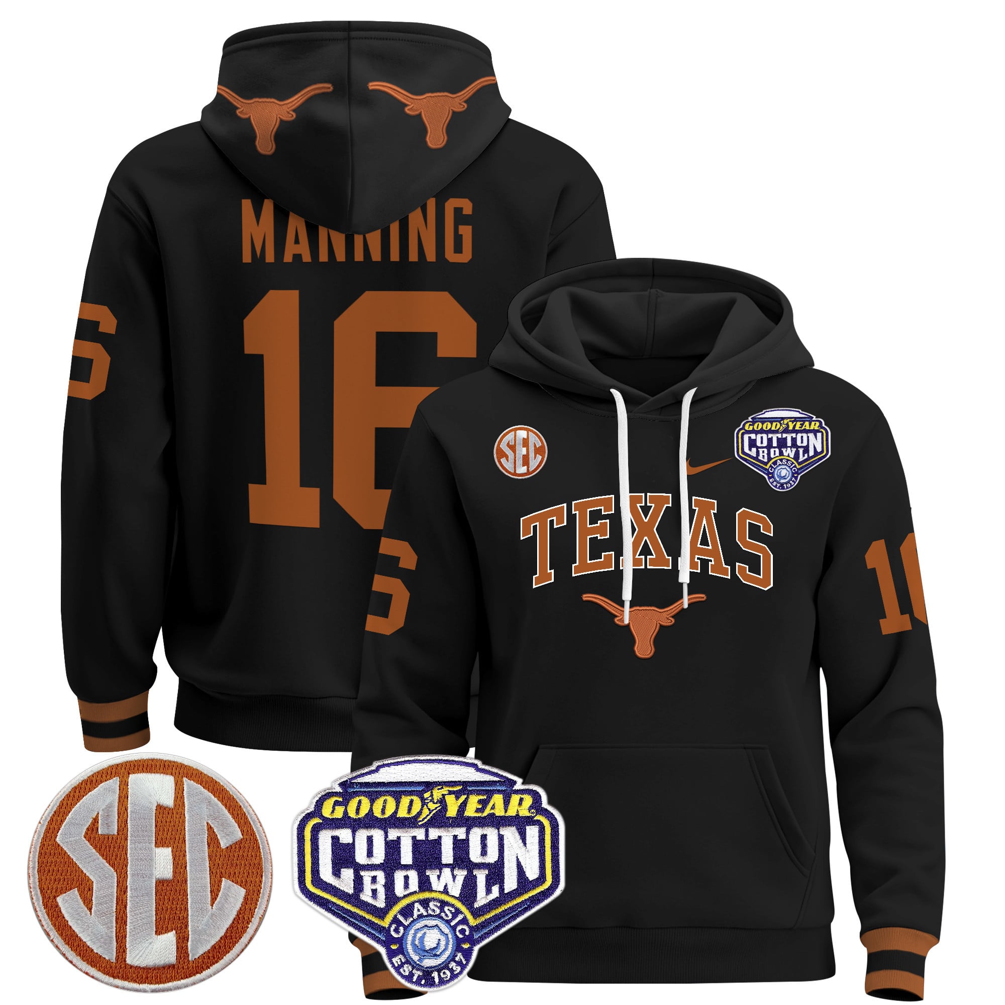 manning Texas Longhorns Black Hoodie - Texas Longhorns Manning #16