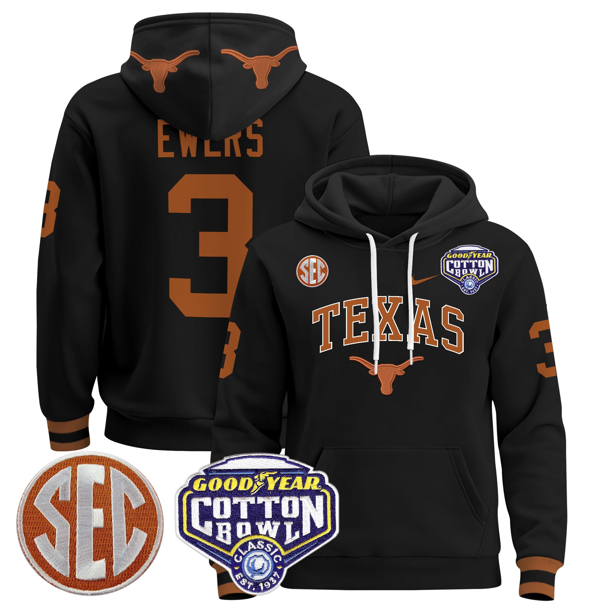 Alternative view of manning Texas Longhorns Black Hoodie - Texas Longhorns Manning #16