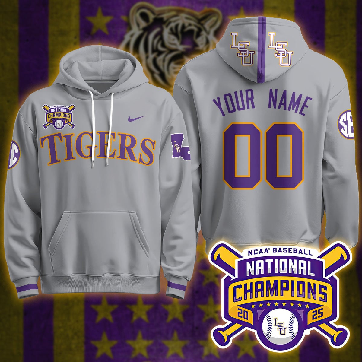 Alternative view of Nike LSU Tigers Gold Hoodie - Personalized Baseball Champs!