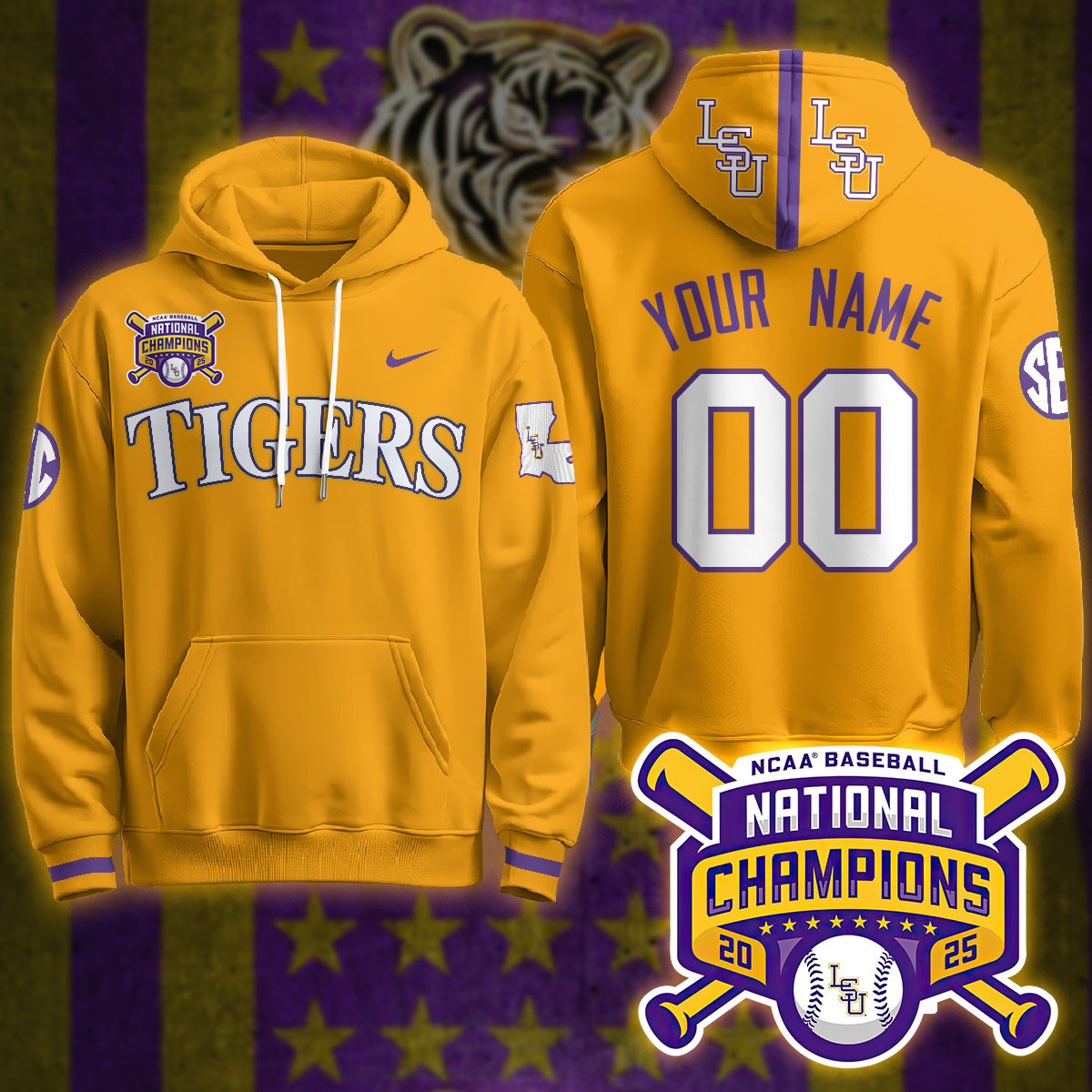 Nike LSU Tigers Gold Hoodie - Personalized Baseball Champs!