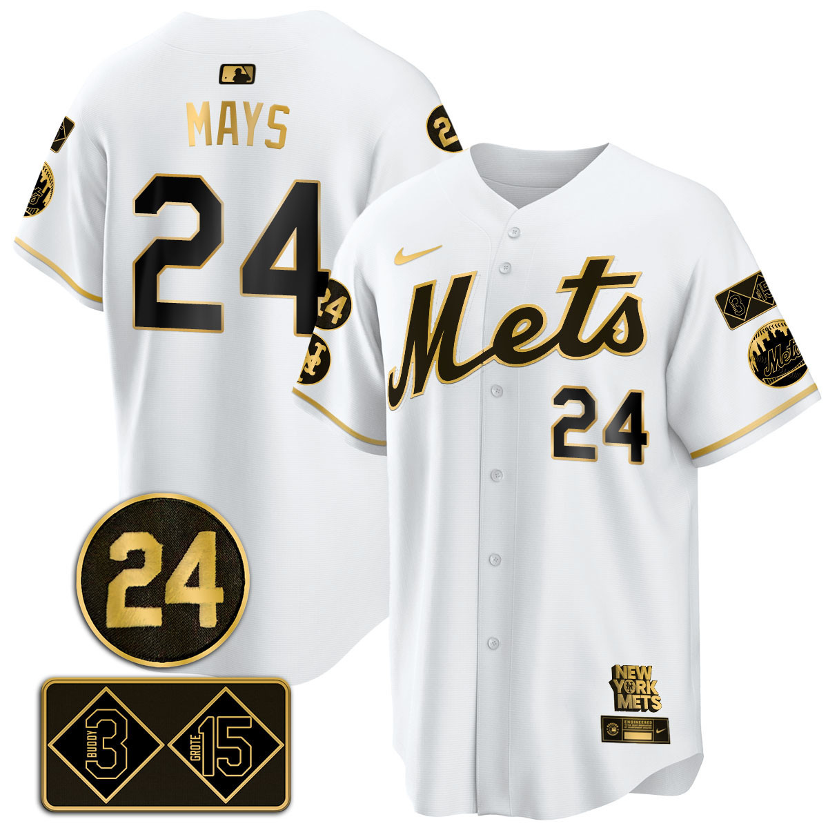 Nike Mets Mays #24 Jersey - Nike Mets Mays #24 White Gold Jersey