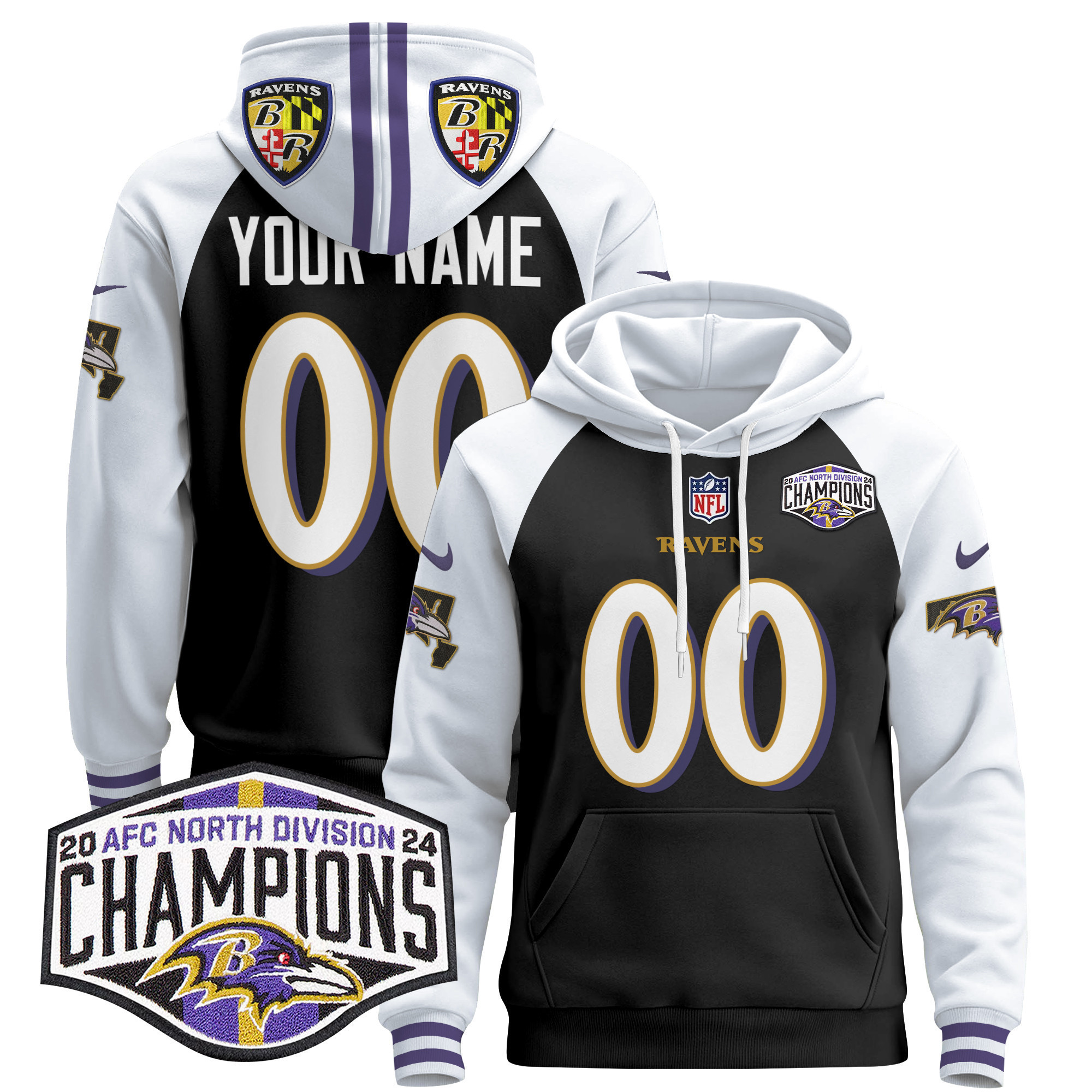 Nike Ravens Custom Hoodie - Nike Ravens Custom Black & White Hoodie