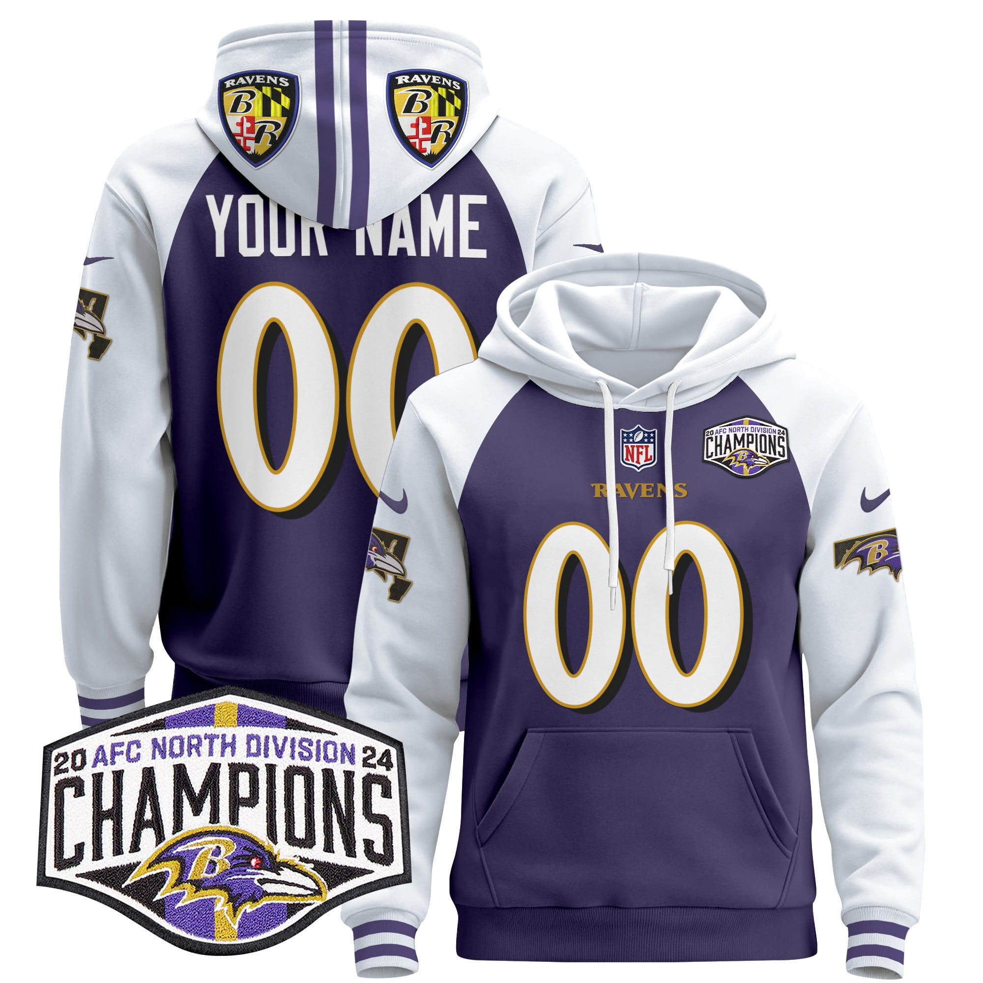 Alternative view of Nike Ravens Custom Hoodie - Nike Ravens Custom Black & White Hoodie