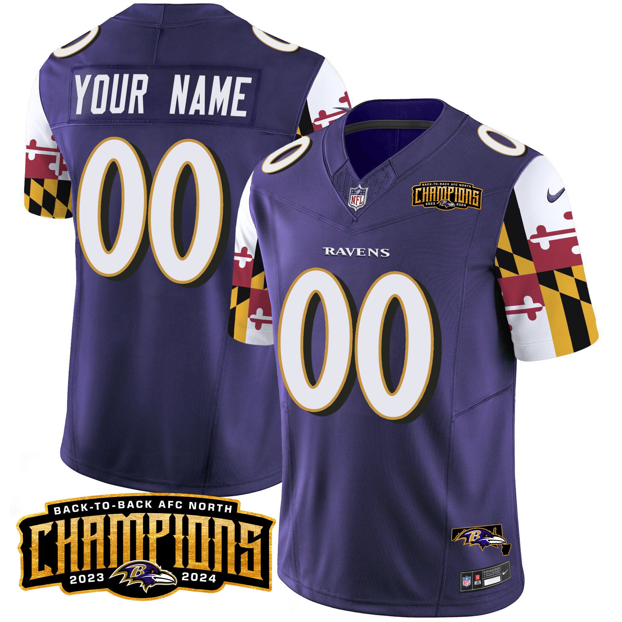 Nike Ravens Purple Custom Jersey - Maryland Flag Sleeve