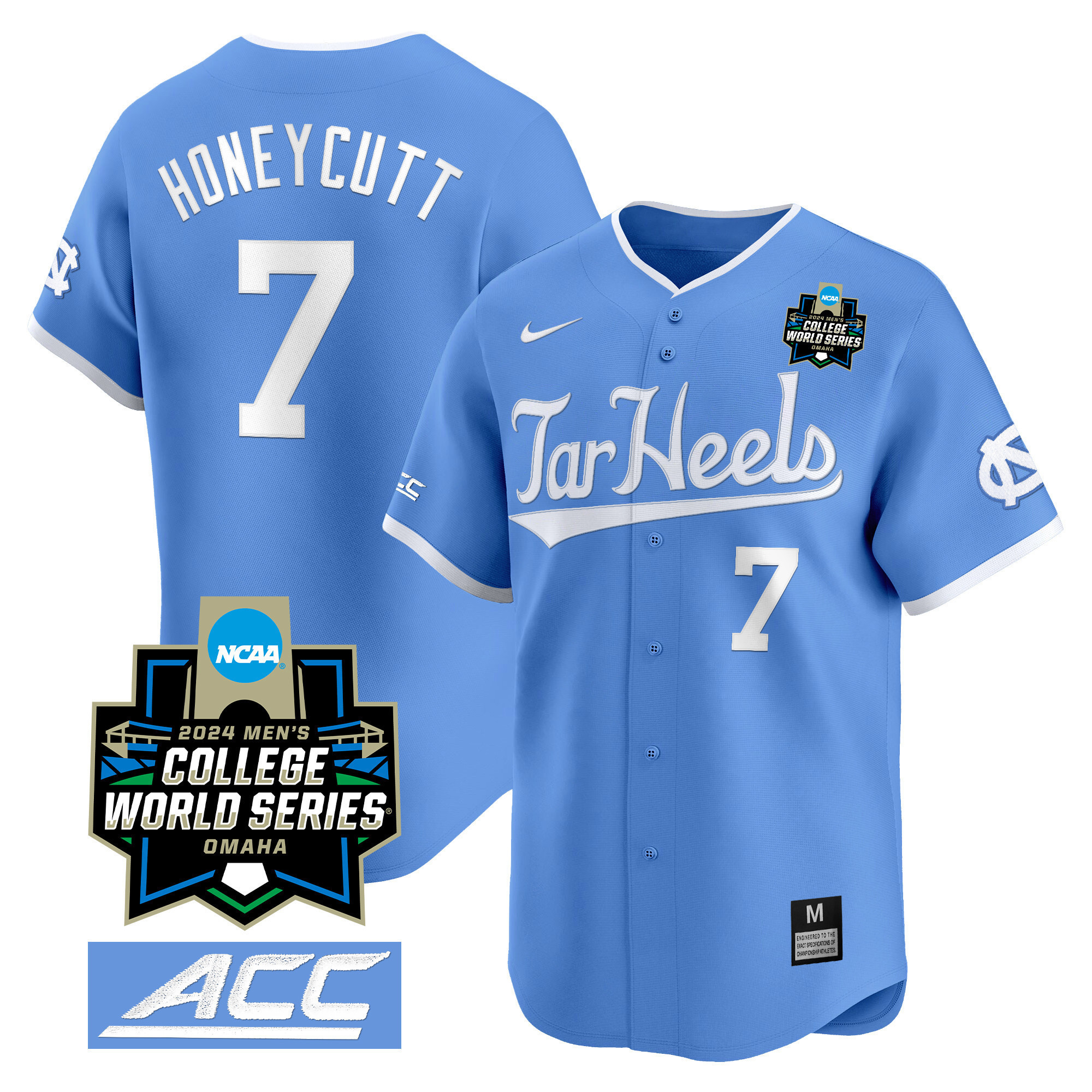 Nike Tar Heels #7 Jersey - 2024 College World Series - Light Blue