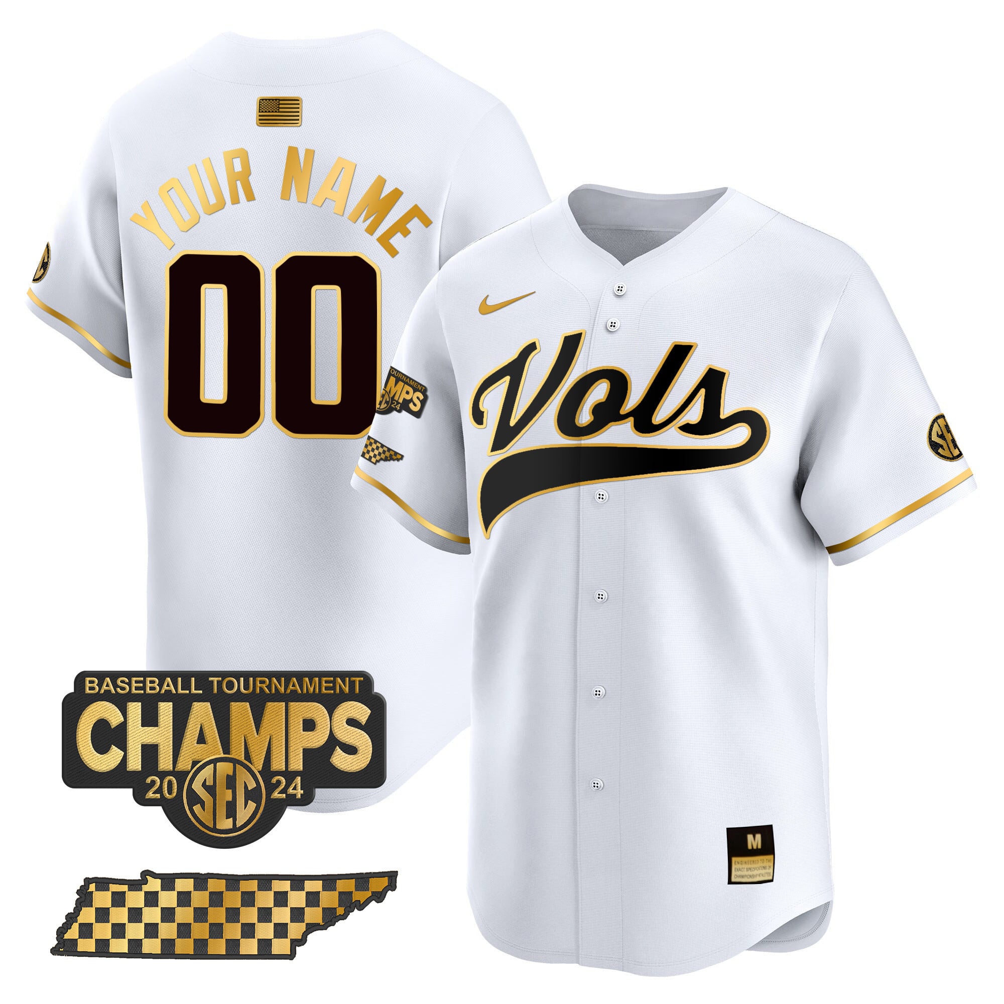 Nike Vols White Baseball Jersey - Gold Trim & Custom Name