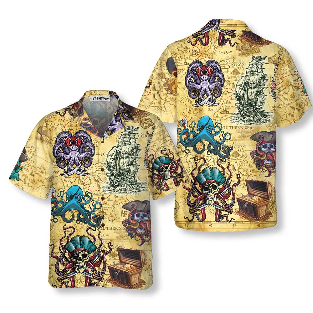 Octopus Pirate Hawaiian Shirt, Cool Pirate Shirt For Adults, Pirate Pattern Shirt For Men