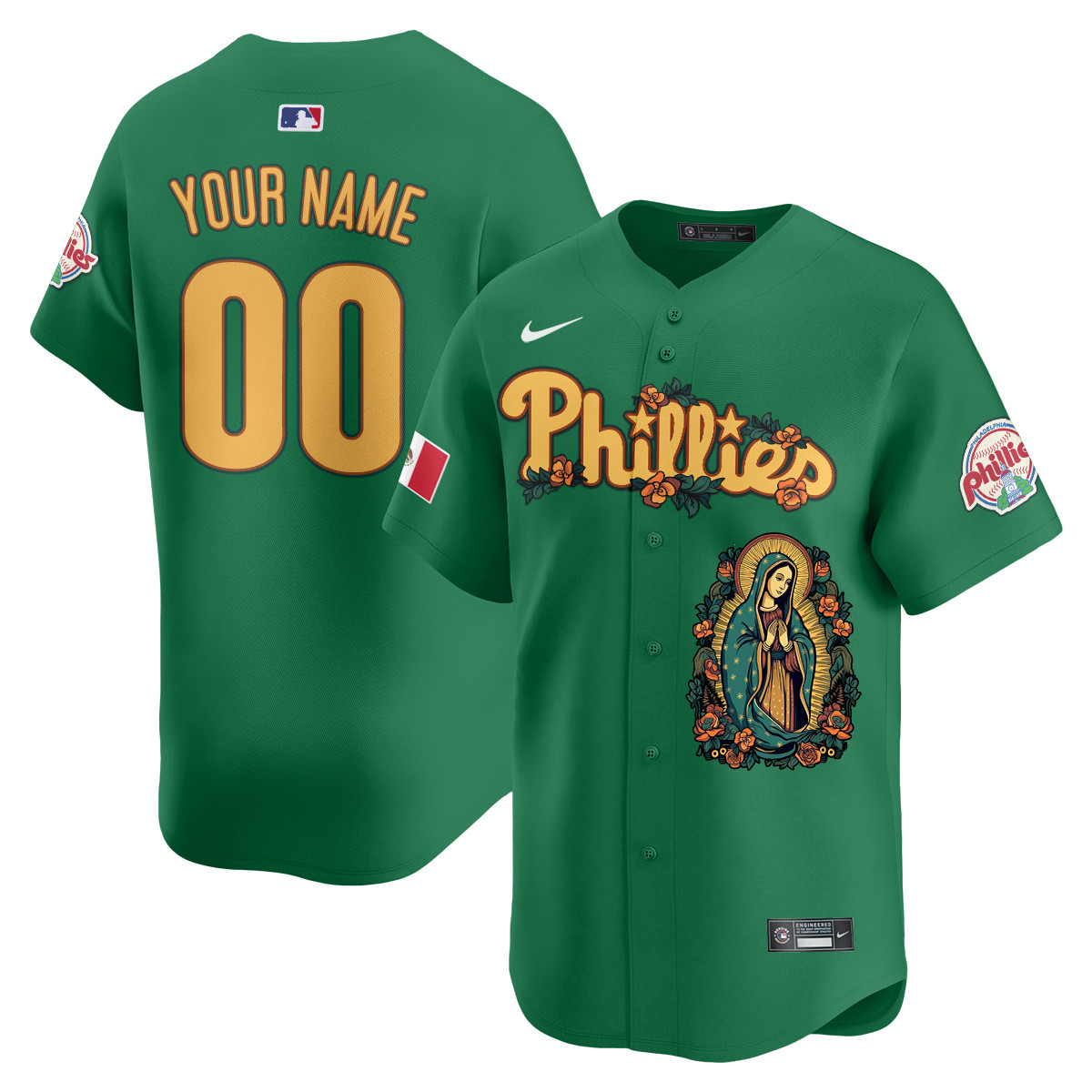 Phillies Green La Virgen Jersey - Nike - Custom Baseball