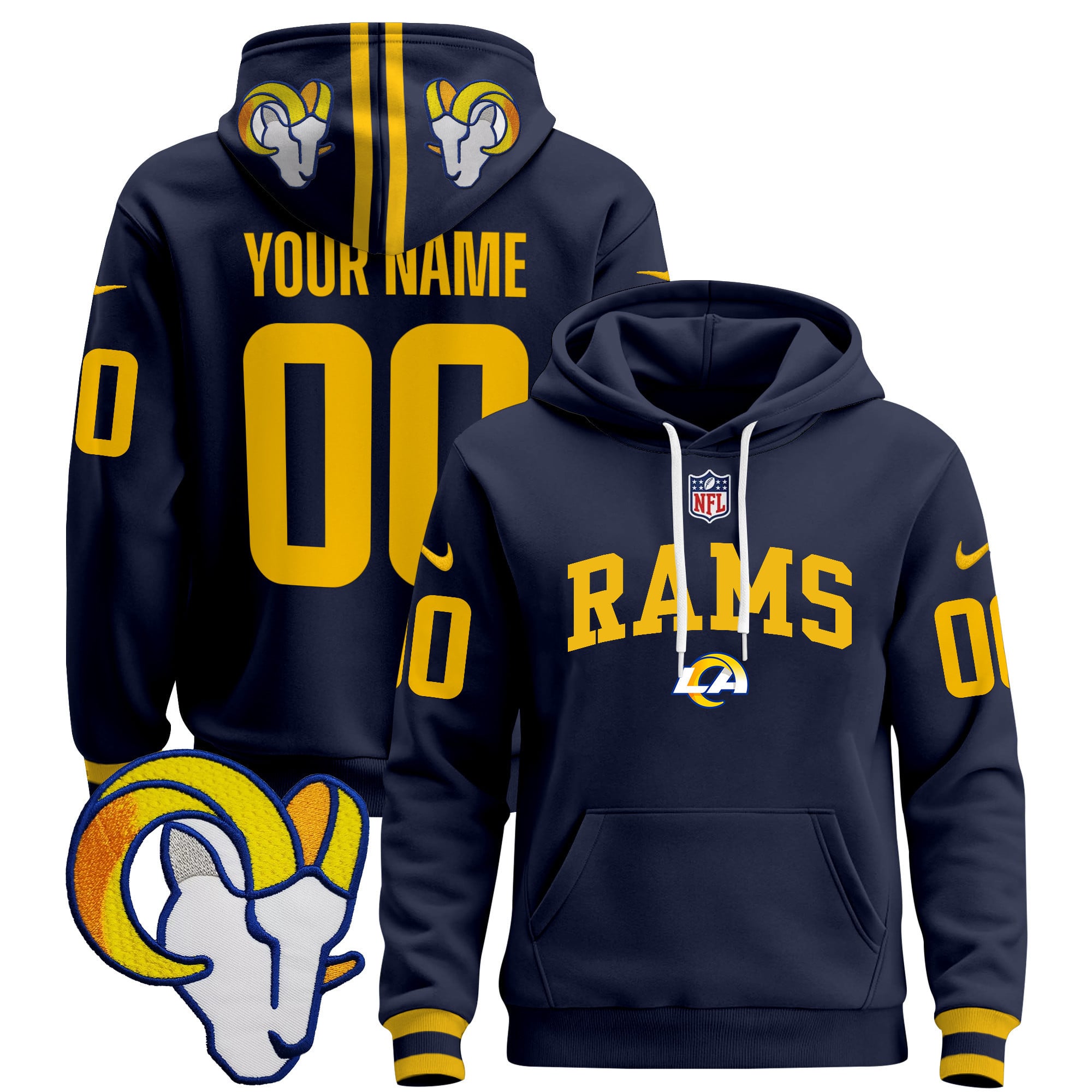 Rams Navy Gold Hoodie - Nike Rams Navy & Gold Hoodie - Custom Name &