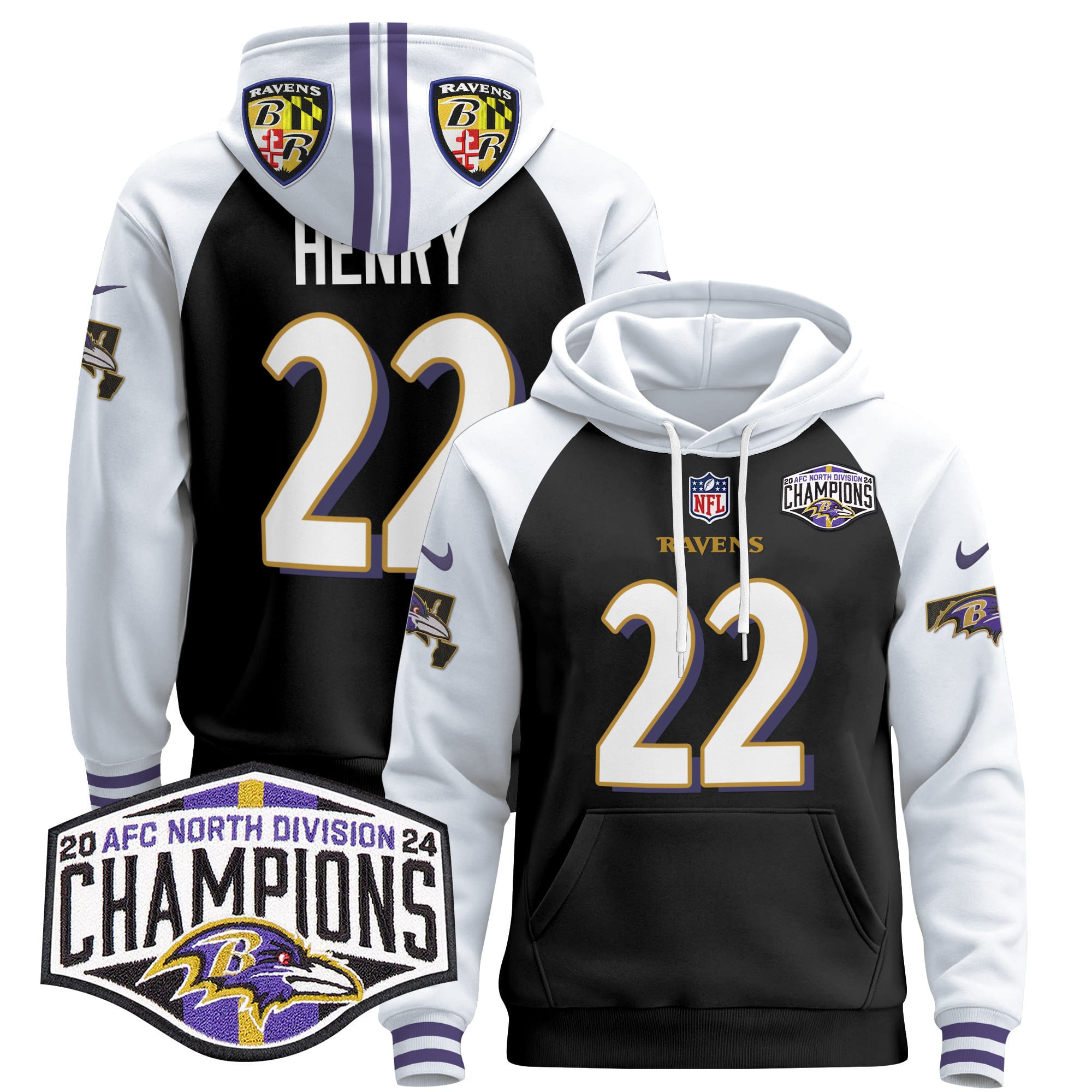 Ravens #22 Black Hoodie - Nike - Custom Name Option