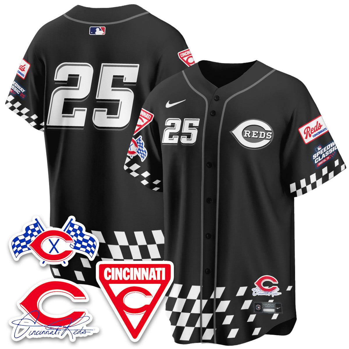 Reds Black Racing Jersey - Nike - #25 Checkered Trim Edition
