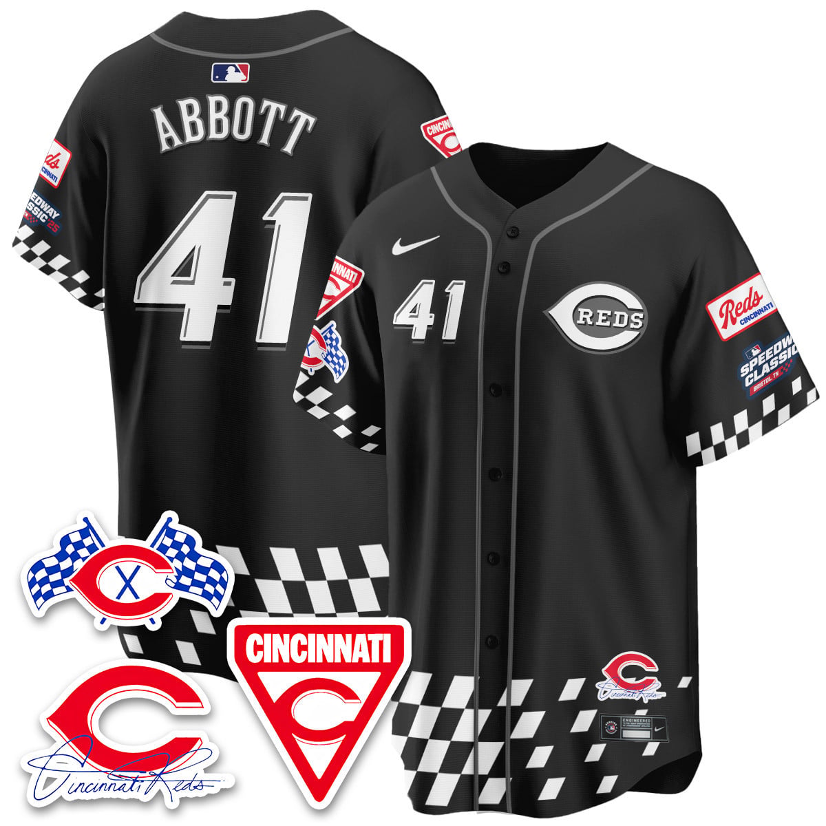 Alternative view of Reds Black Racing Jersey - Nike - #25 Checkered Trim Edition