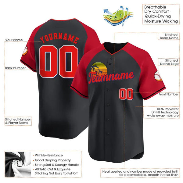 Alternative view of Retro Sunset Baseball Jersey - Black & Red Custom Team Edition