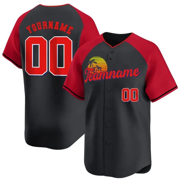 Retro Sunset Baseball Jersey - Black & Red Custom Team Edition