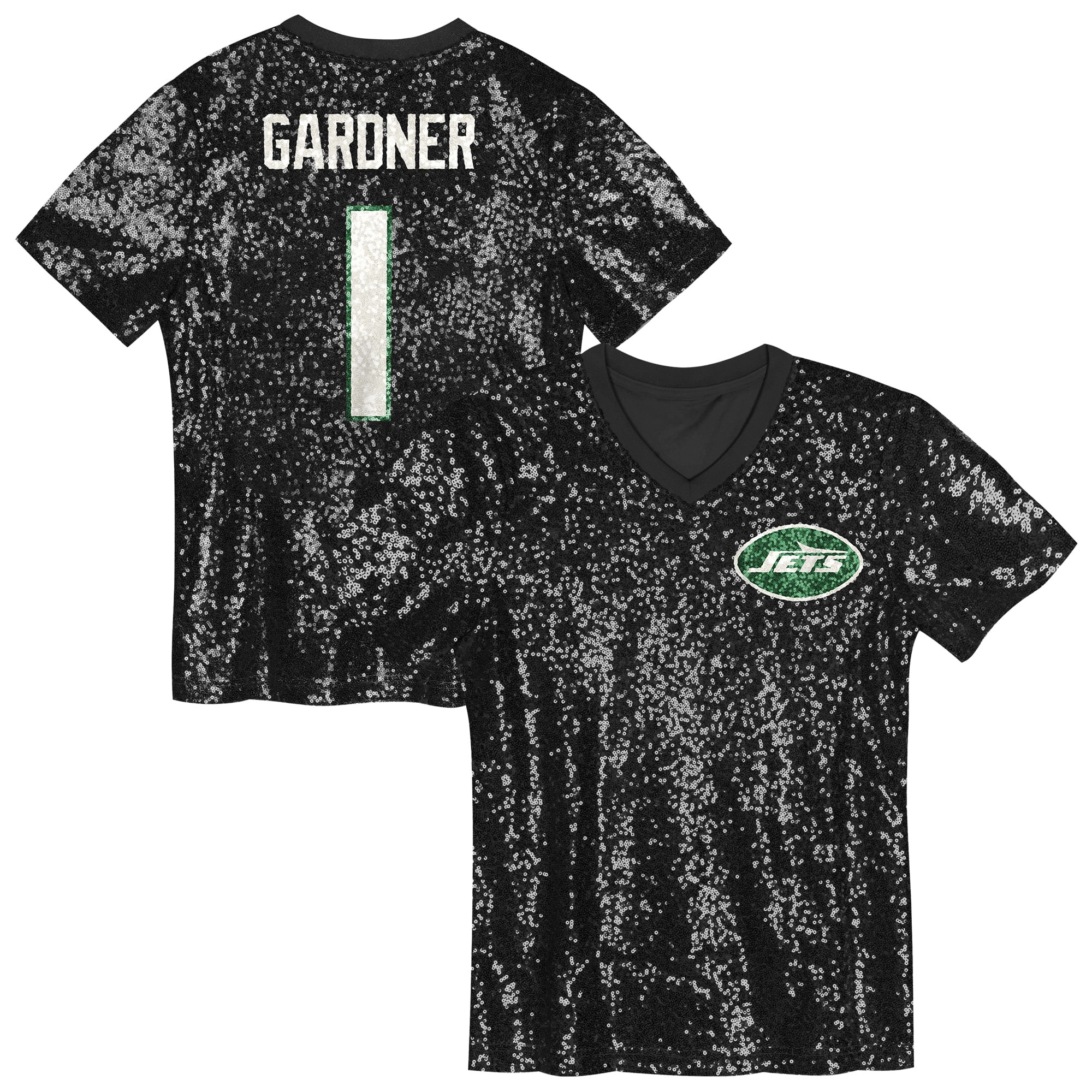 Sauce Gardner New York Jets Girls Youth Sequin V-Neck Fashion Jersey - Black