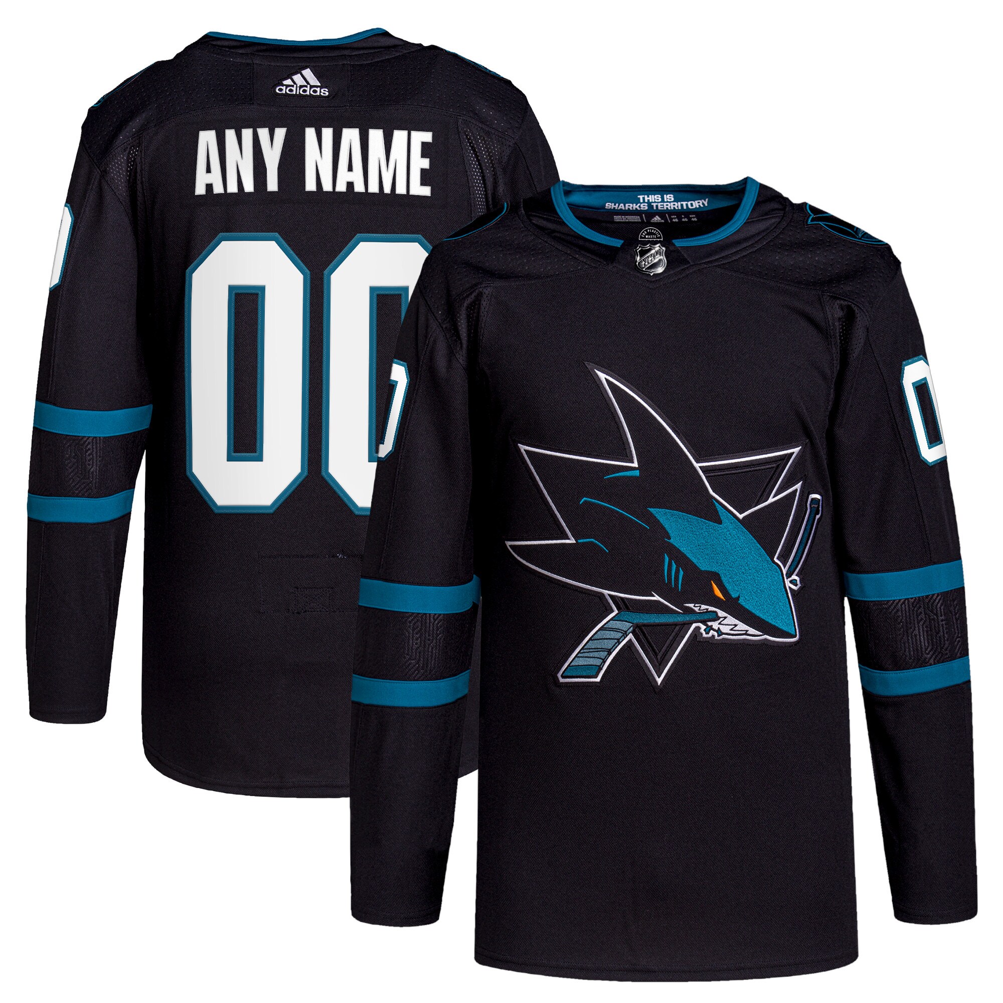 Sharks Black Hockey Jersey - Adidas Sharks Black Jersey - Teal Trim