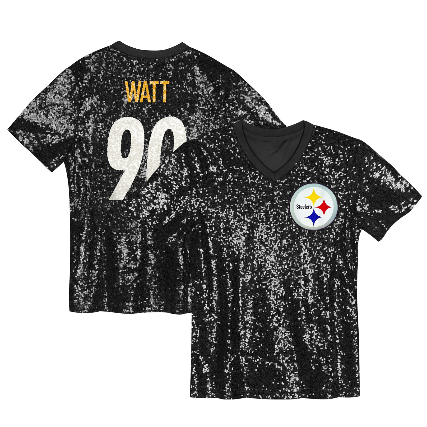 T.J. Watt Pittsburgh Steelers Girls Youth Sequin V-Neck Fashion Jersey - Black